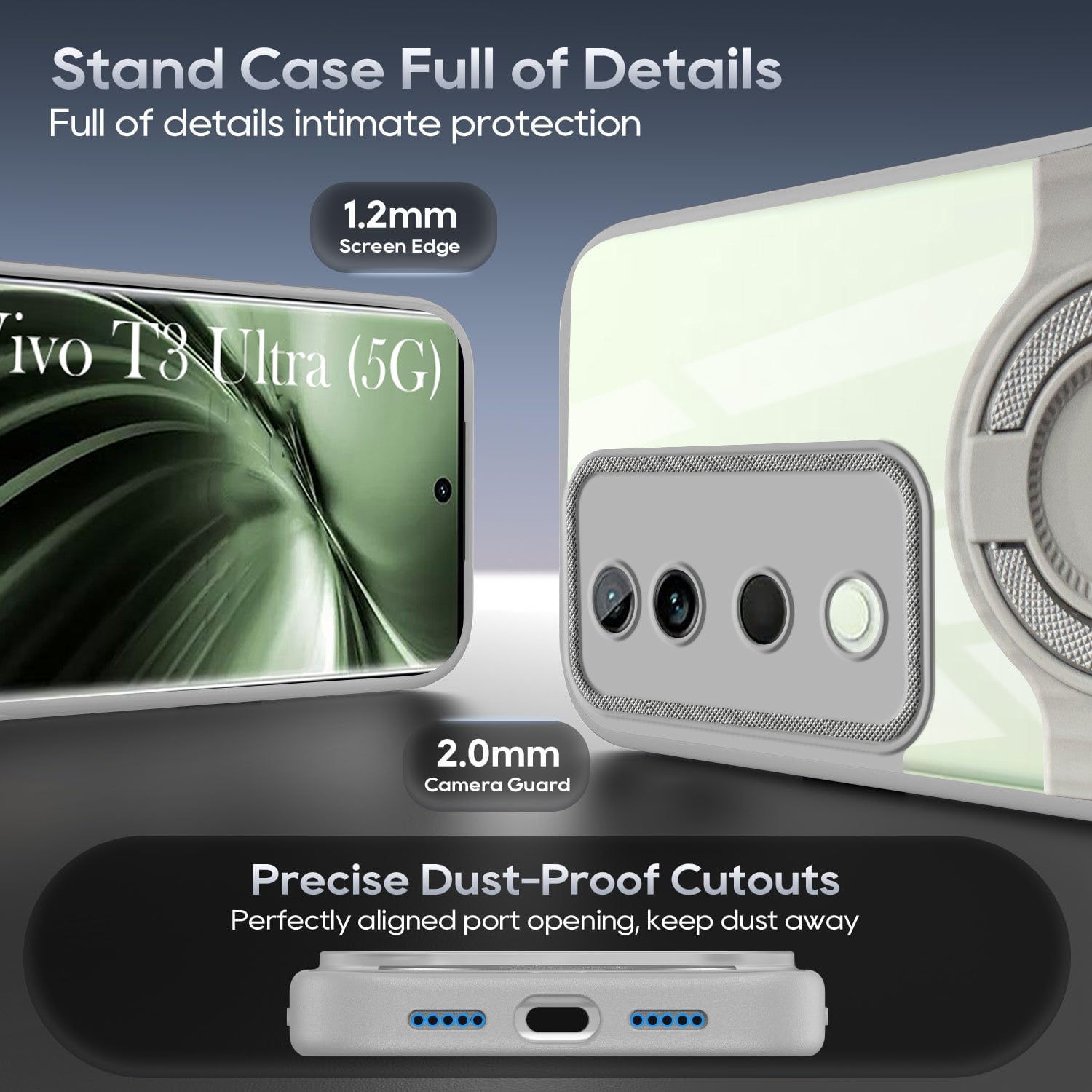 For Vivo T3 Ultra Back Cover Case with stand (Built-in Ring Holder Kickstand | Lifetime Anti Yellow | Camera Protection)