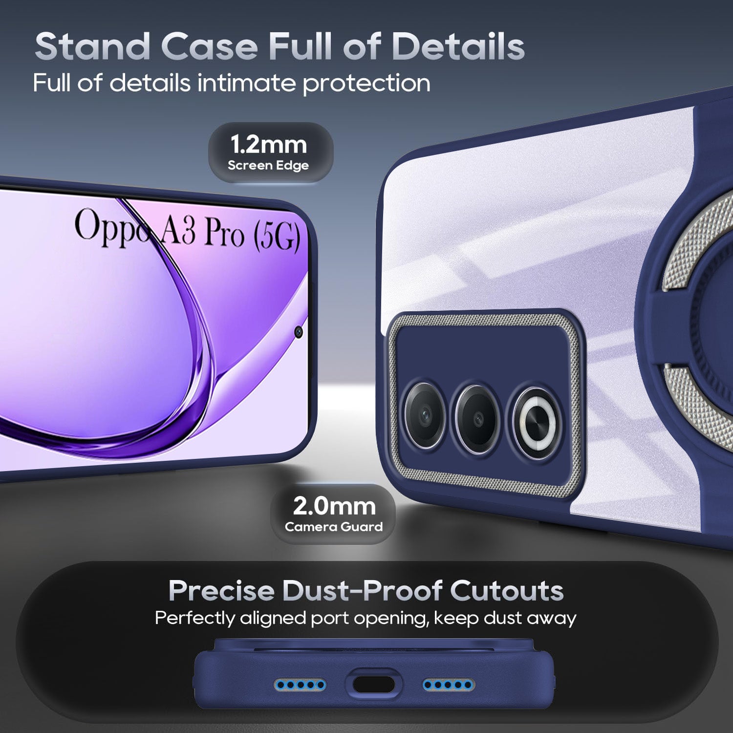 For Oppo A3 Pro 5G Back Cover Case with stand (Built-in Ring Holder Kickstand | Lifetime Anti Yellow | Camera Protection)