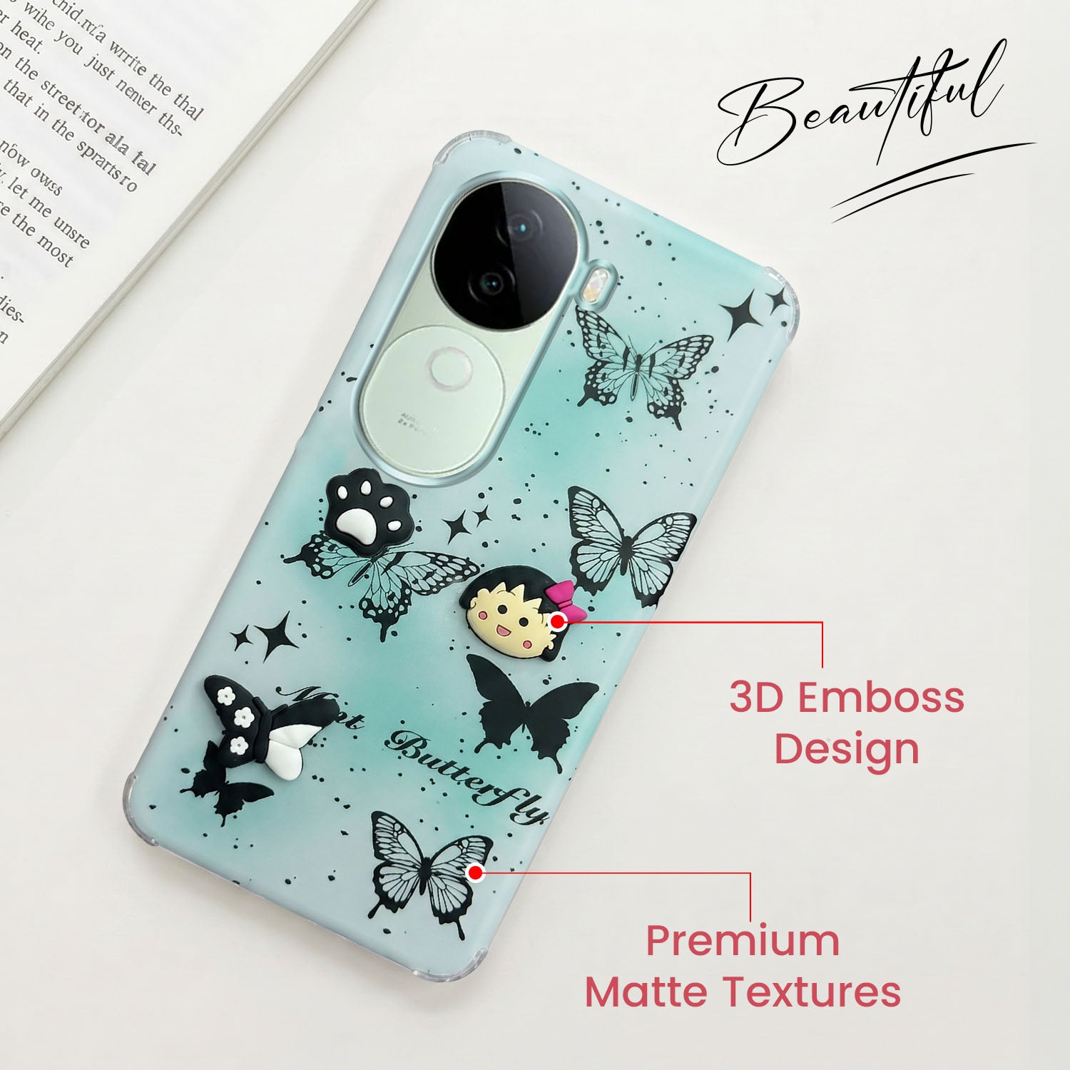 For Vivo V40e Back Cover Case (3D Cute Cartoons | Hard Back Side Soft | Matte Premium Finish | HD Printing)