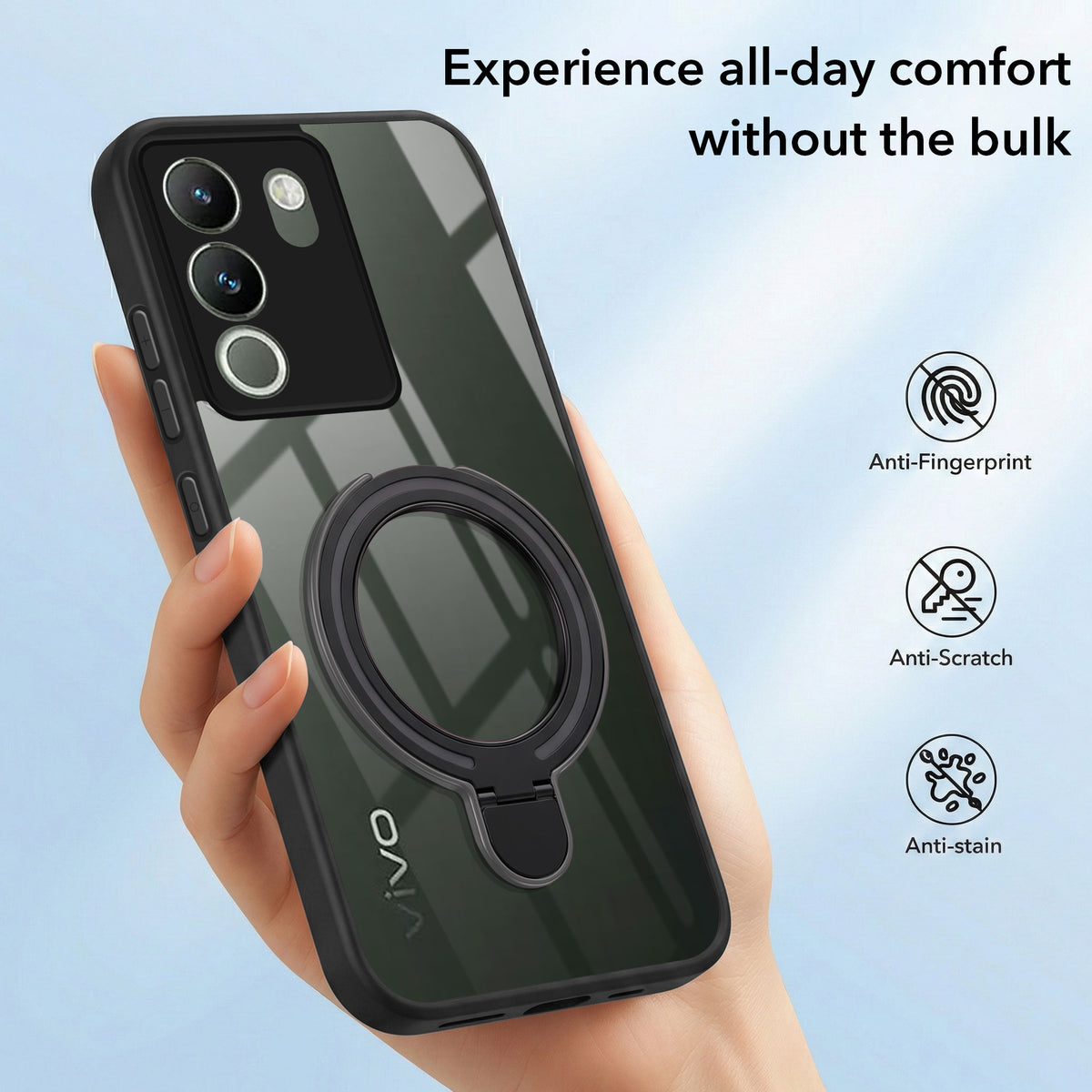 For Vivo Y200 Back Cover Case (Kick Stand Ring Holder | Life time Anti Yellow | Camera Protection)
