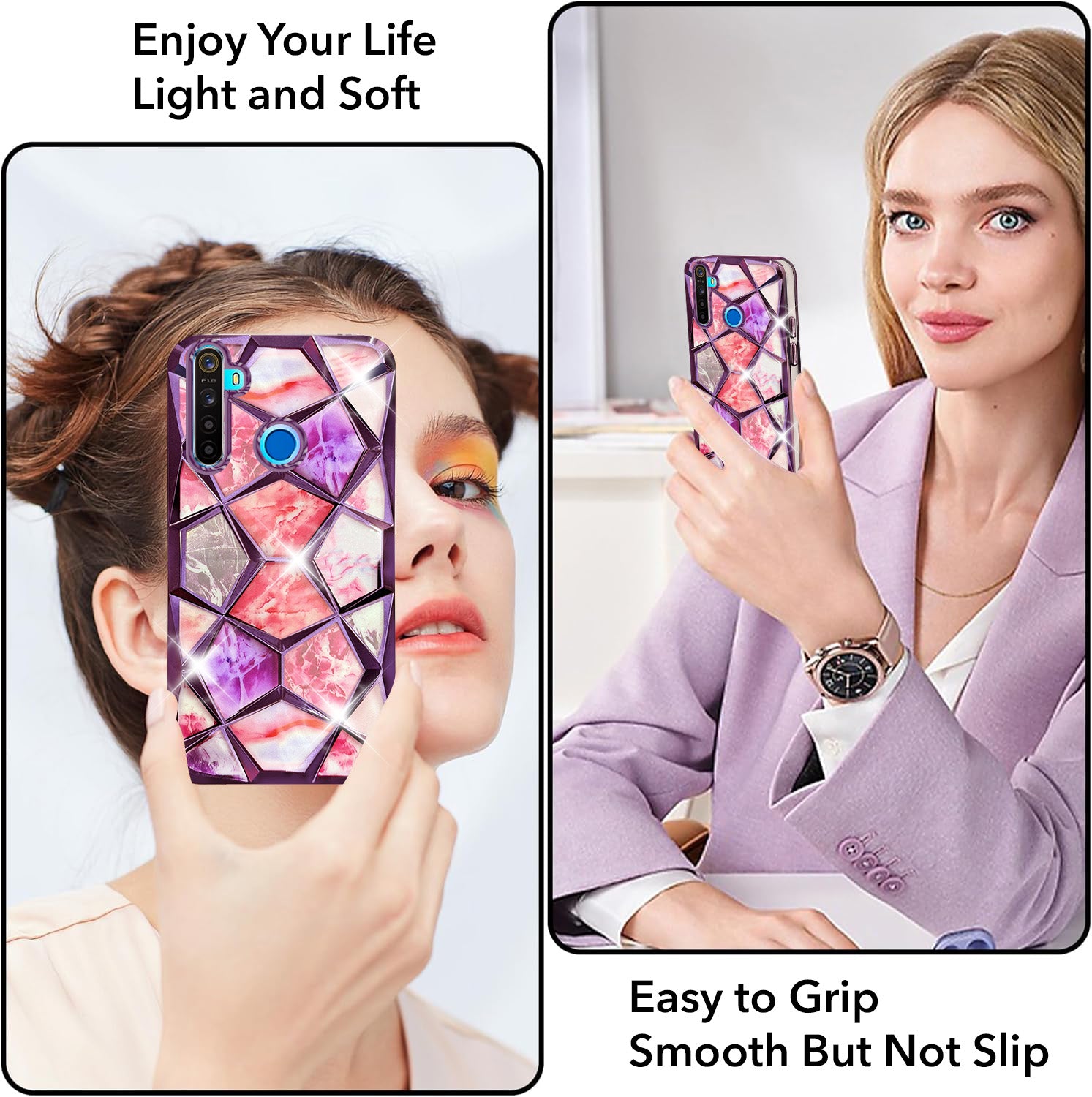 For Realme 5 | 5s | 5i Back Cover Case (Dual Design Glitter Sparkle and Detachable Diamond Print Case | Soft and Flexible)