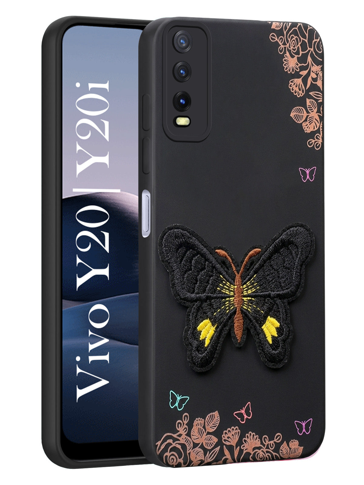 For Vivo Y20 | Y20i Back Cover Case (Soft Butterfly Embroidery | Women Teen Girls | Camera Protection| Matte Silicone)