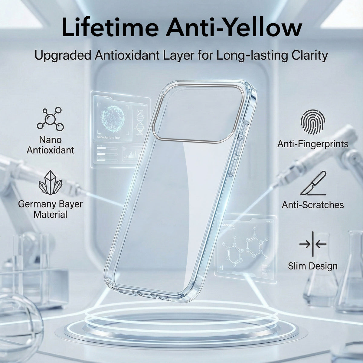 For Apple iPhone 18 Pro Max Combo with Back Cover and 9H Tempered Glass (Lifetime Anti-Yellow | Sleek Hard Crystal | Oleophobic Coating Screen Glass)