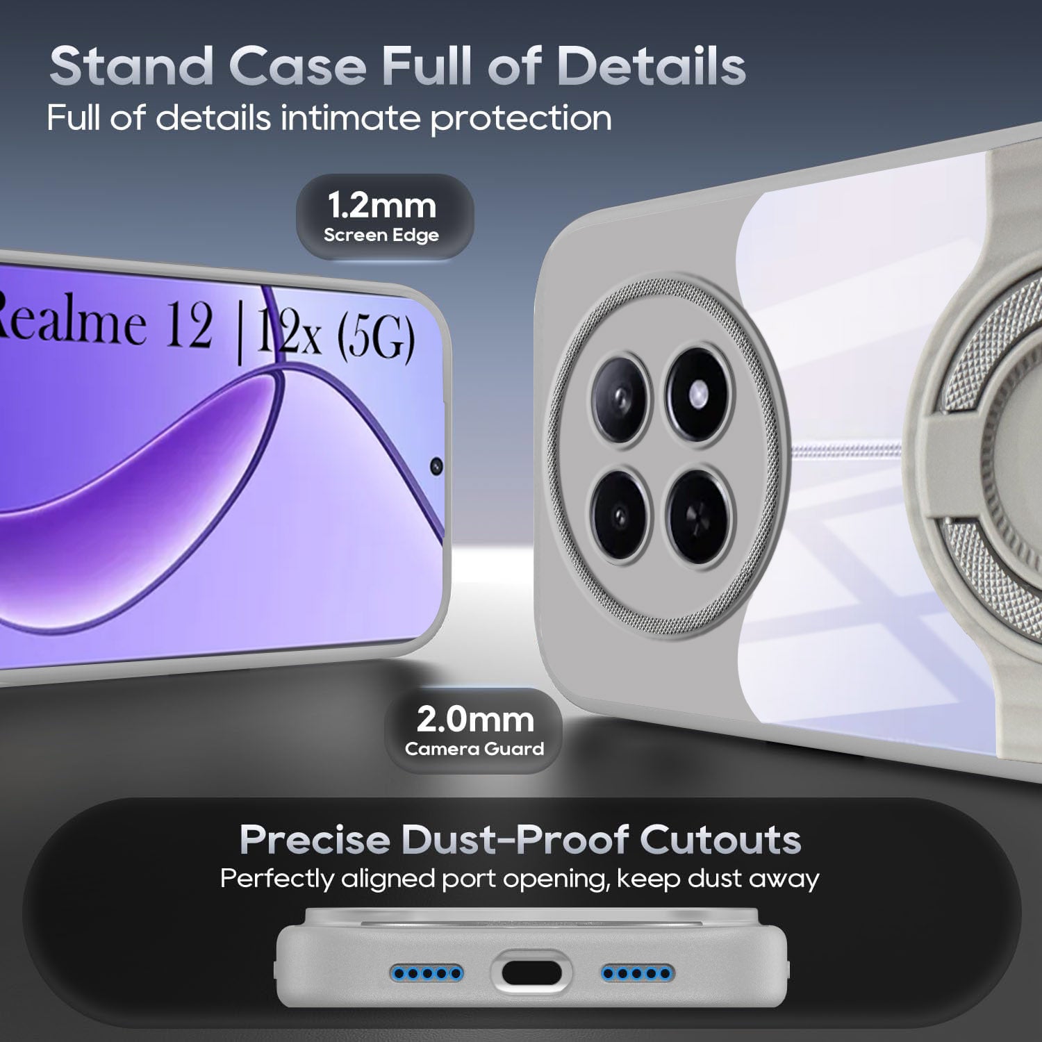 For Realme 12 | Realme 12X Back Cover Case with stand (Built-in Ring Holder Kickstand | Lifetime Anti Yellow | Camera Protection)