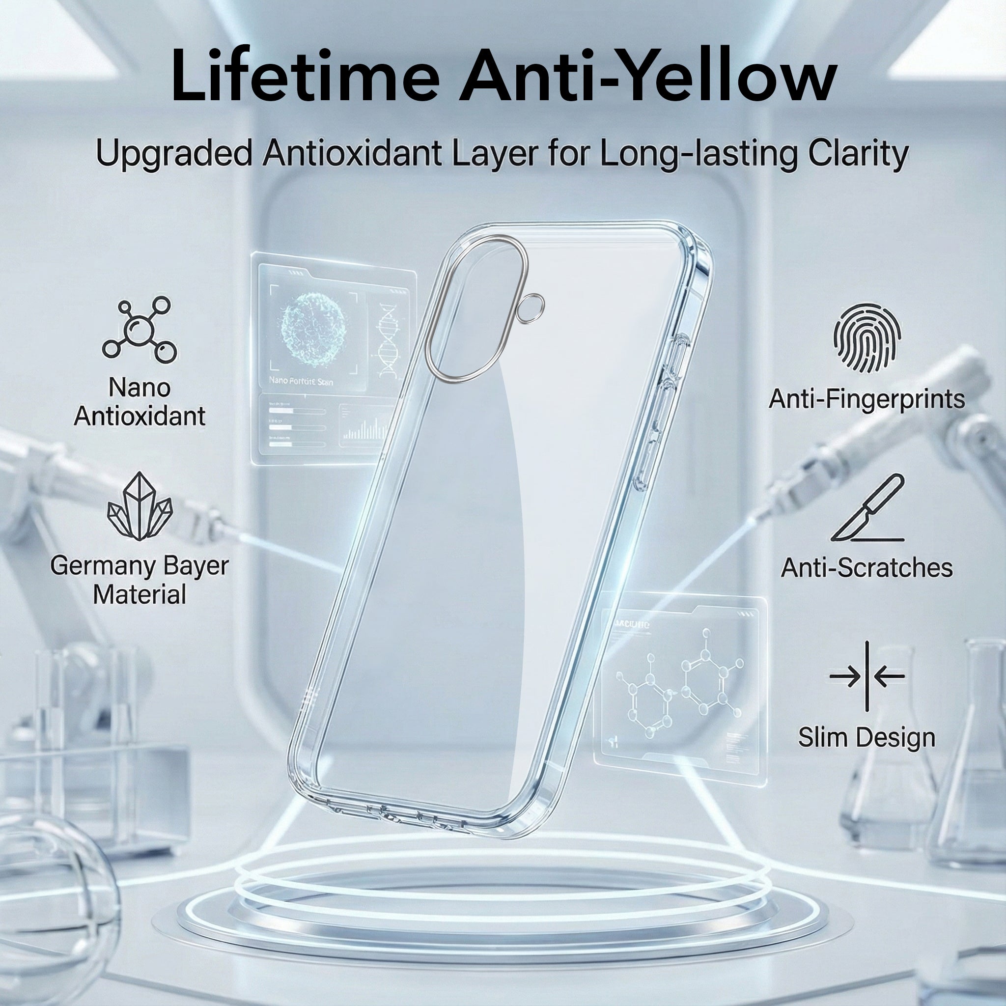 For Apple iPhone 17 Combo with Back Cover and 9H Tempered Glass (Lifetime Anti-Yellow | Sleek Hard Crystal | Oleophobic Coating Screen Glass)