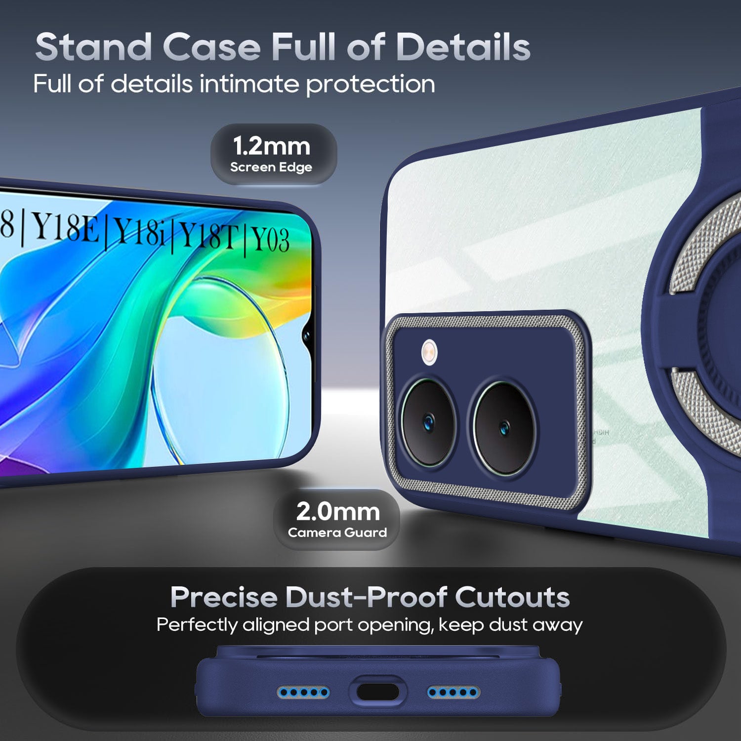 For Vivo Y18 | Y18e | Y03 | Y18i | Y18t Back Cover Case with stand (Built-in Ring Holder Kickstand | Lifetime Anti Yellow | Camera Protection)