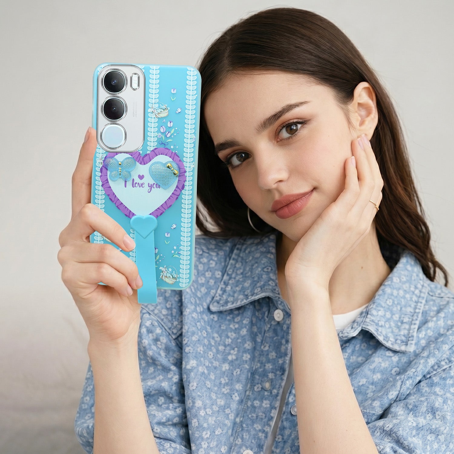 For Vivo Y29 Back Cover Case (3D Cute Heart Strap Holder | Camera Protection | Designer Girls Print)