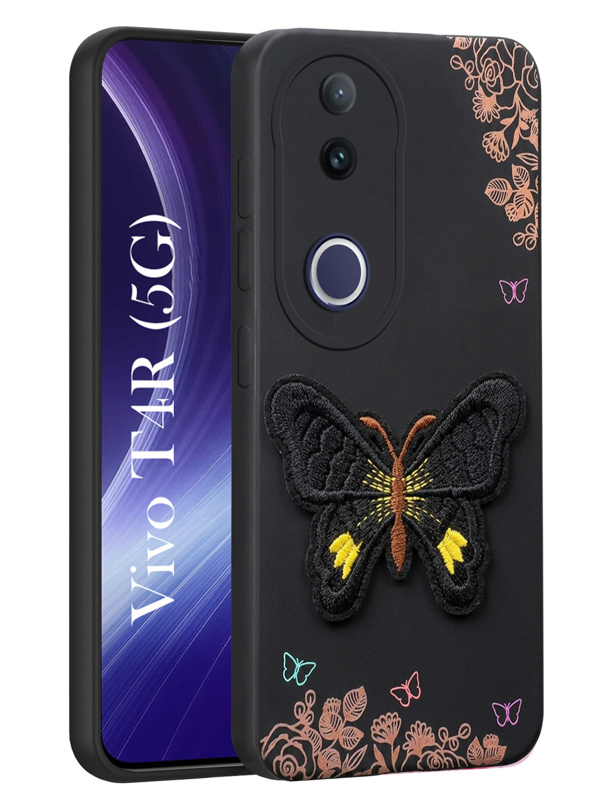 For Vivo T4R Back Cover Case (Soft Butterfly Embroidery | Women Teen Girls | Camera Protection| Matte Silicone)