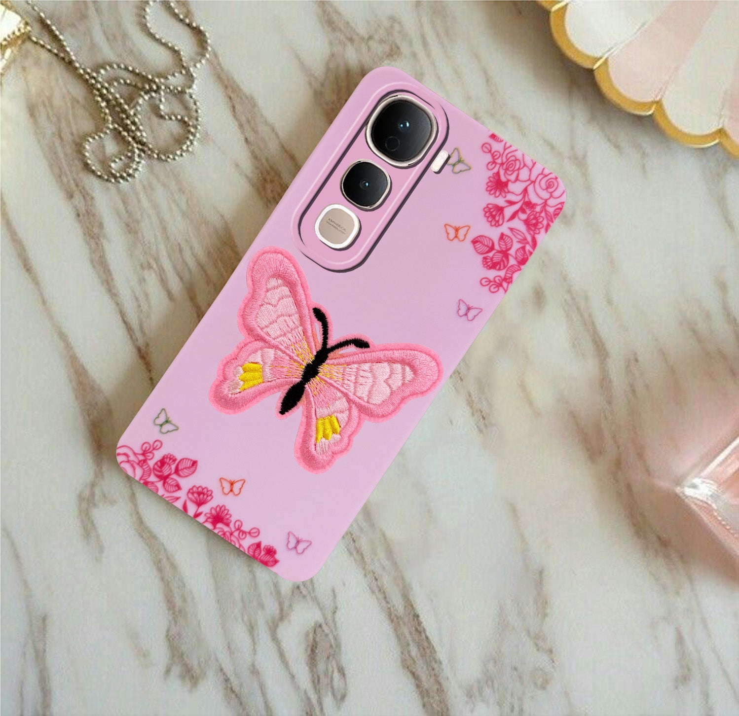 For Vivo Y400 Pro Back Cover Case (Soft Butterfly Embroidery | Women Teen Girls | Camera Protection| Matte Silicone)