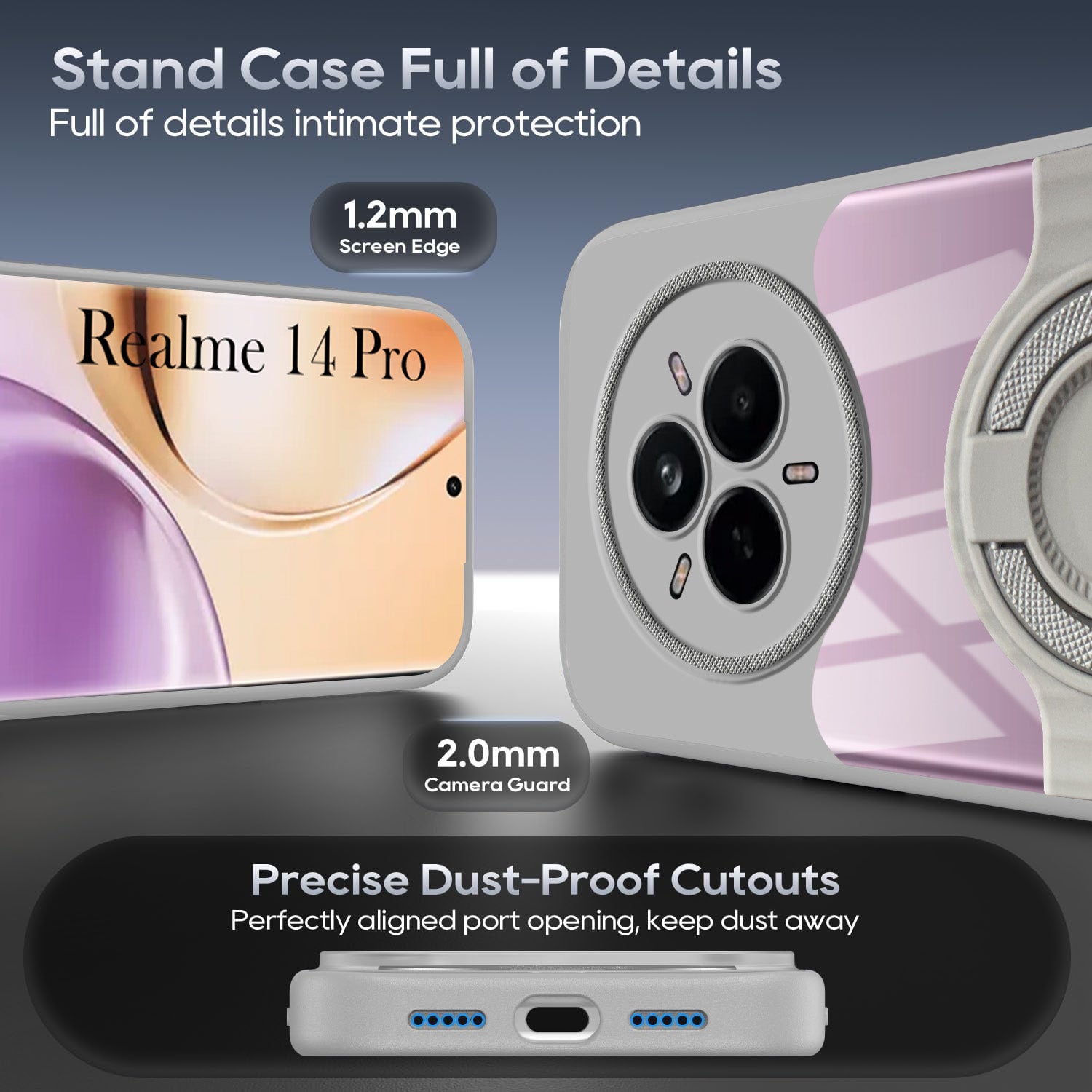 For Realme 14 Pro Back Cover Case with stand (Built-in Ring Holder Kickstand | Lifetime Anti Yellow | Camera Protection)