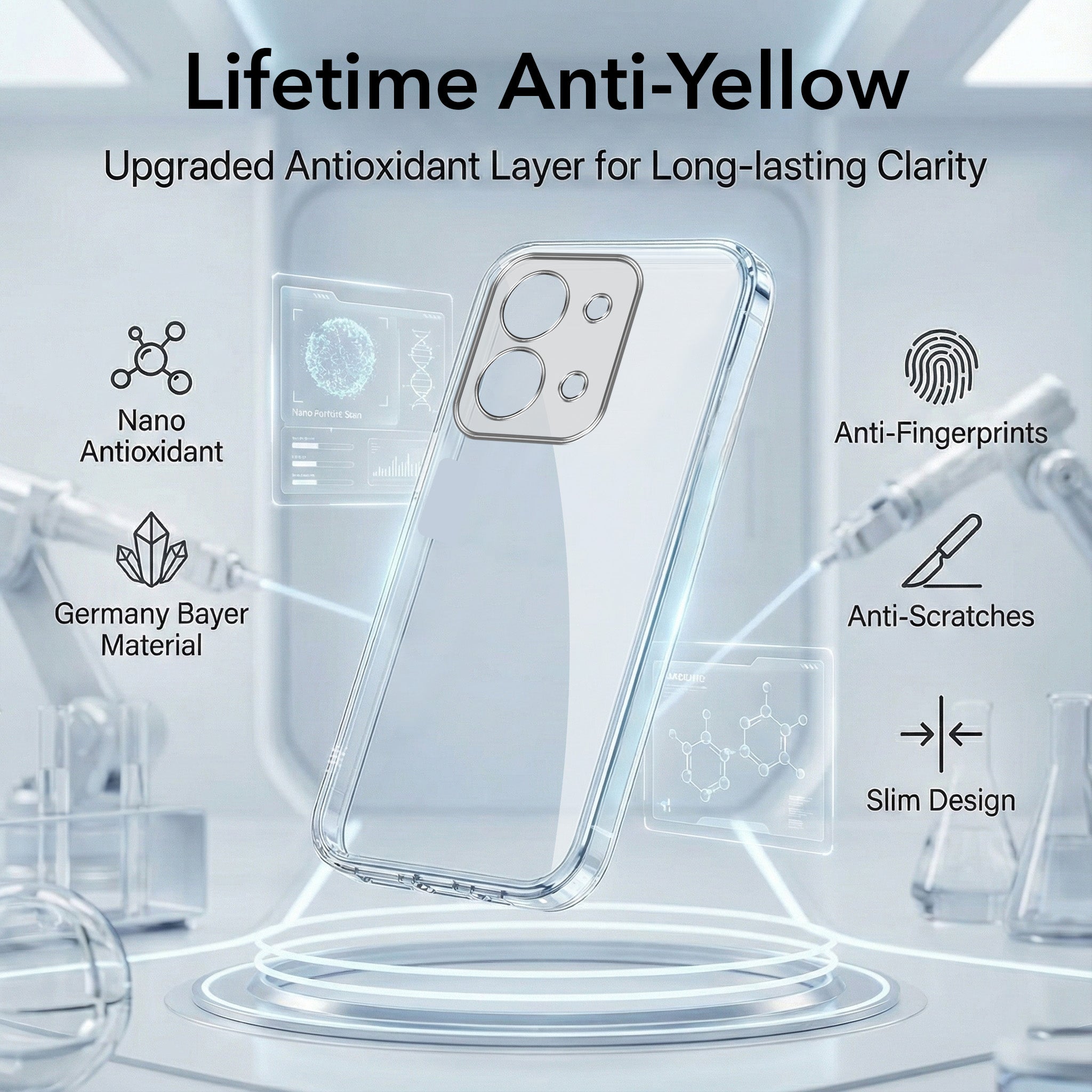 For Redmi 15C Combo with Back Cover and 9H Tempered Glass (Lifetime Anti-Yellow | Sleek Hard Crystal | Oleophobic Coating Screen Glass)
