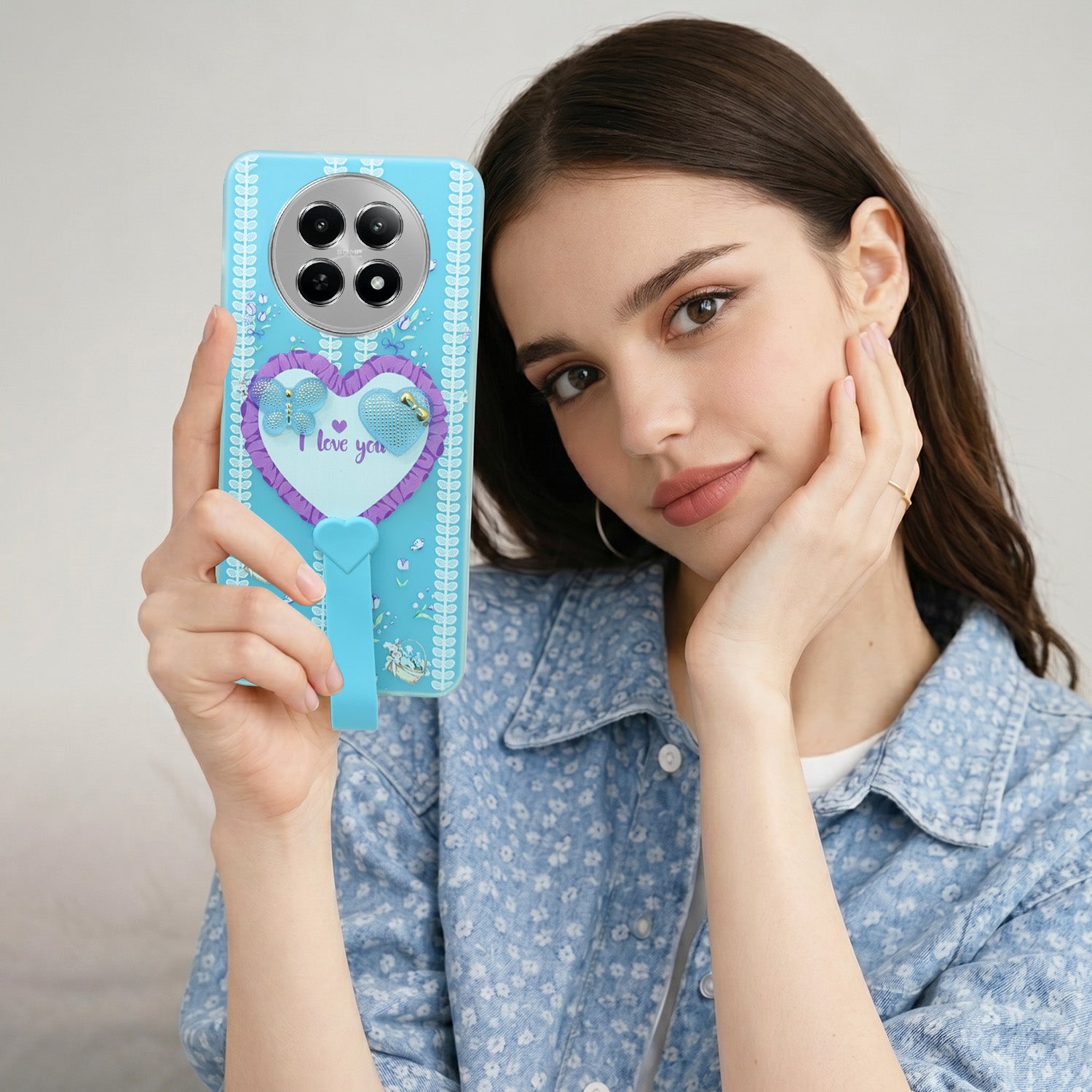For Realme C65 5G Back Cover Case (3D Cute Heart Strap Holder | Camera Protection | Designer Girls Print)
