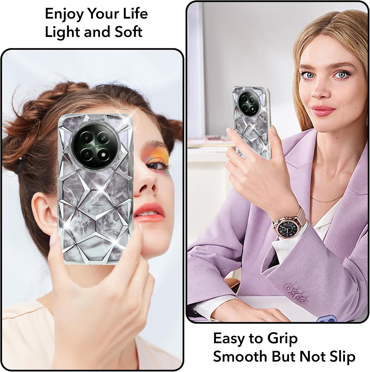 For Realme 12 | Realme 12X Back Cover Case( Dual Design Glitter Sparkle and Detachable Diamond Print Case | Soft and Flexible)