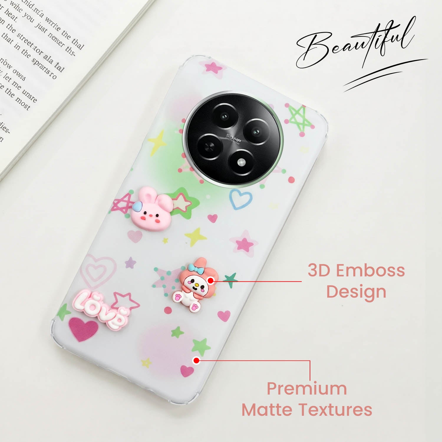 For Realme C65 5G Back Cover Case (3D Cute Cartoons | Hard Back Side Soft | Matte Premium Finish | HD Printing)