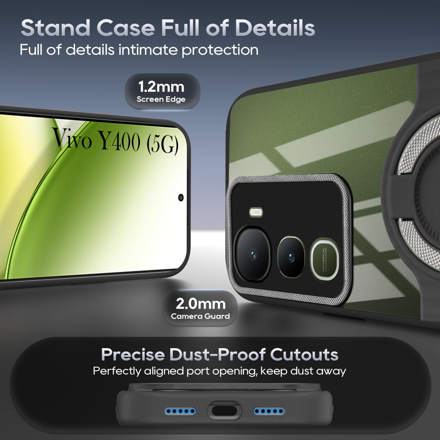 For Vivo Y400 Back Cover Case with stand (Built-in Ring Holder Kickstand | Lifetime Anti Yellow | Camera Protection)