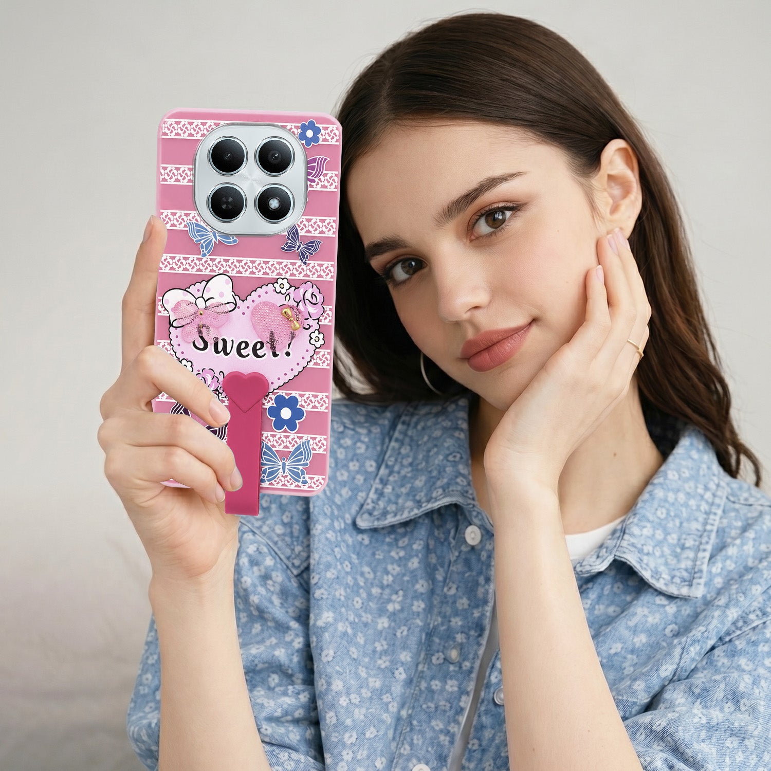 For Xiaomi Redmi Note 15 5G | Redmi Note 15 SE 5G Back Cover Case (3D Cute Heart Strap Holder | Camera Protection | Designer Girls Print)