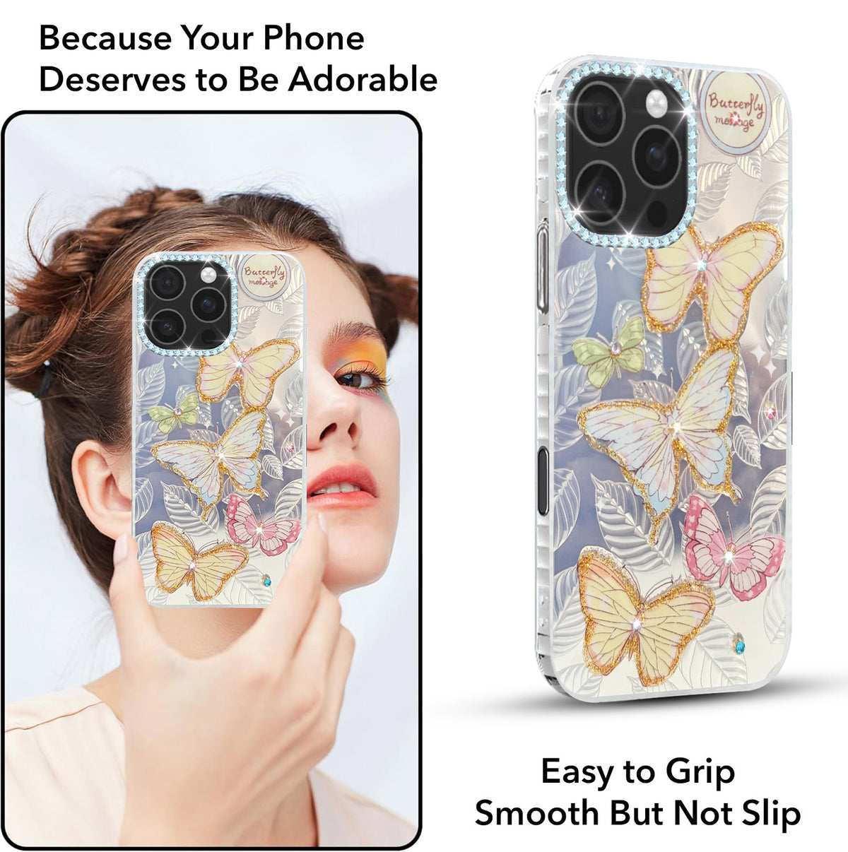 For iPhone 16 Pro Max Back Cover Case (Luxury Floral Glitter Cute Butterfly | Diamond Studded Camera Bump | Girls & Women Design)