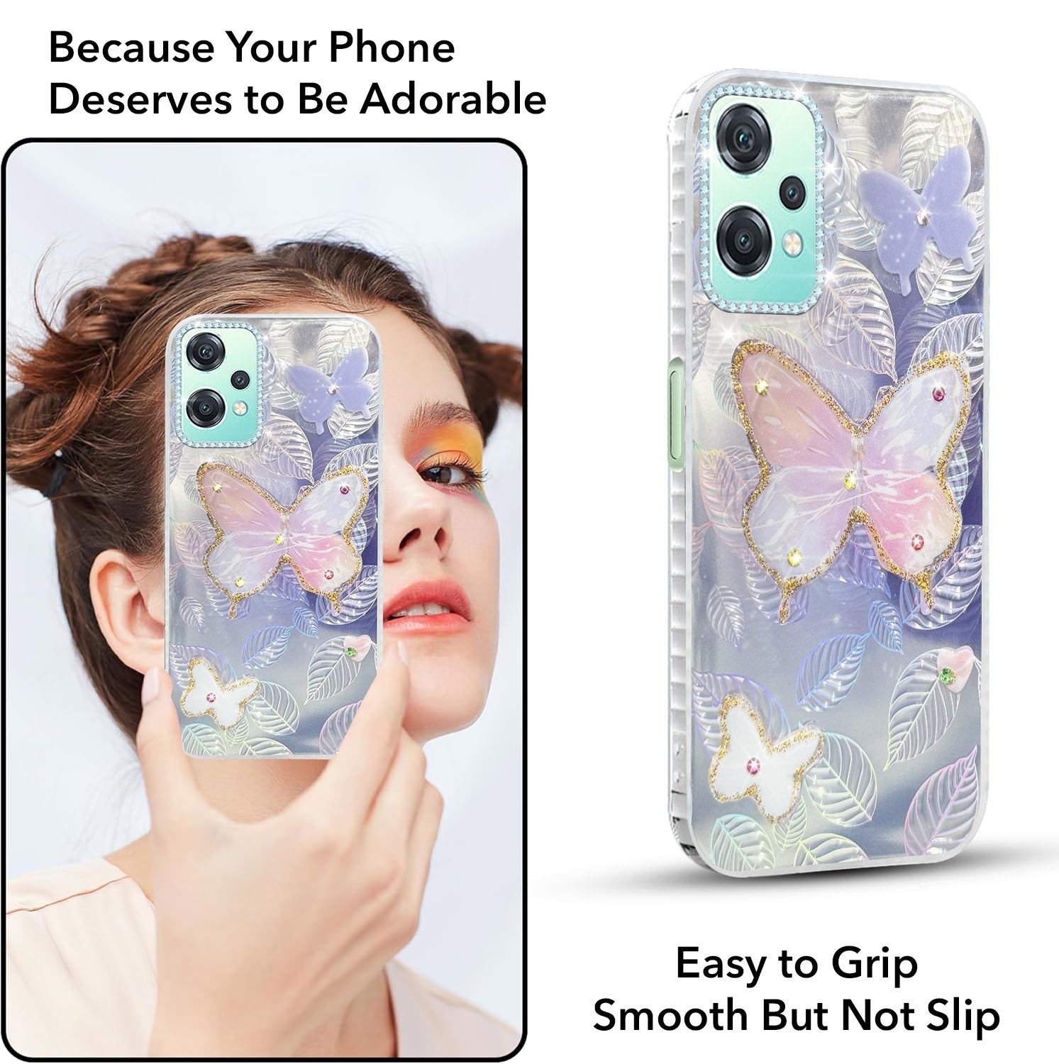 For OnePlus Nord CE 2 Lite Back Cover Case (Luxury Floral Glitter Cute Butterfly | Diamond Studded Camera Bump | Girls & Women Design)