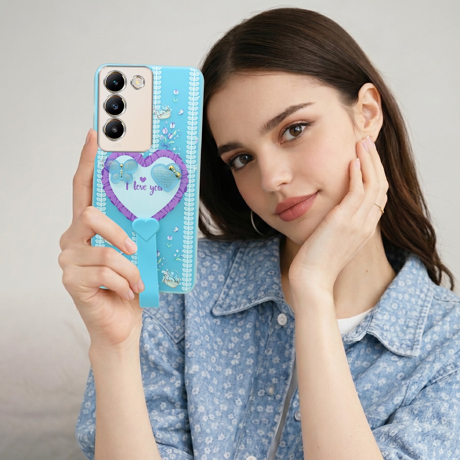 For Vivo Y200e Back Cover Case (3D Cute Heart Strap Holder | Camera Protection | Designer Girls Print)