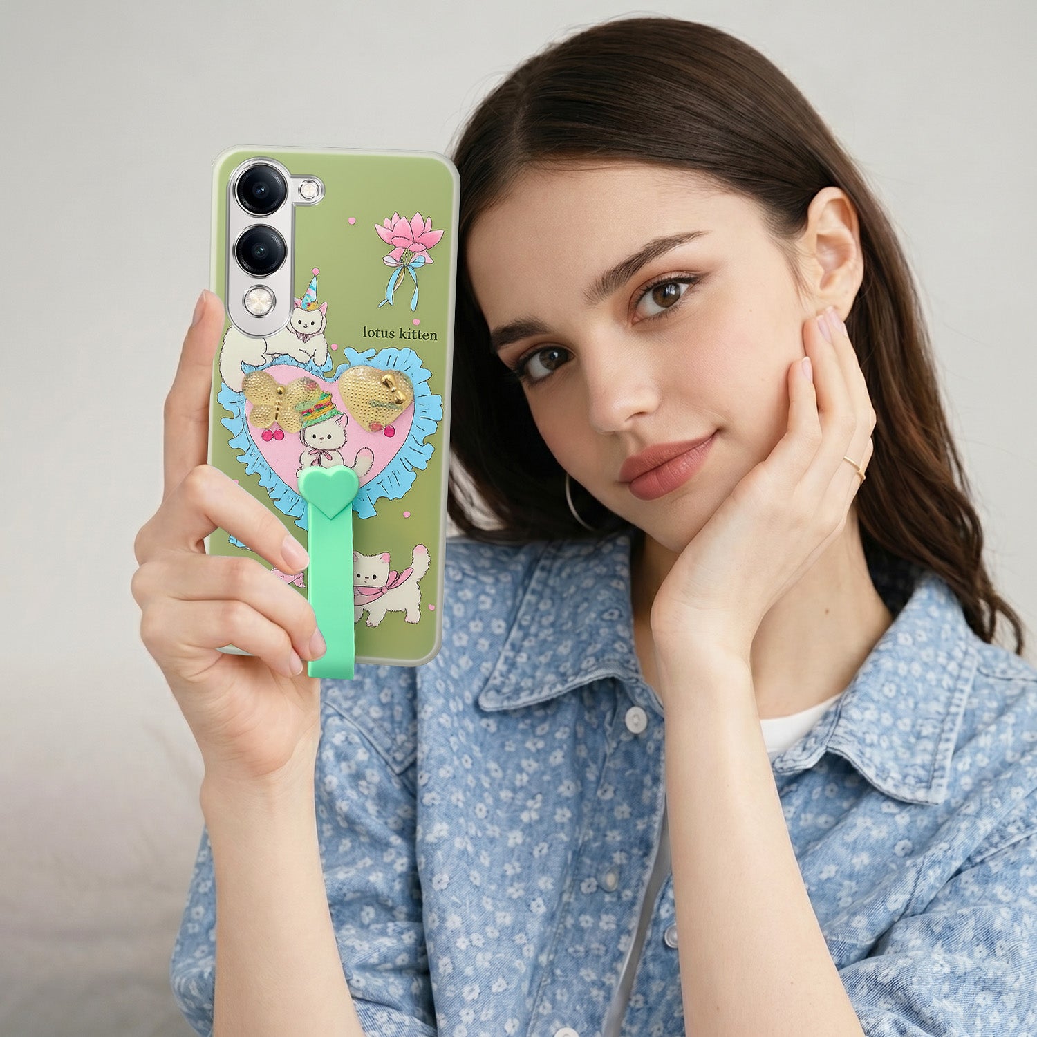 For Vivo Y19 | Vivo Y19e | Vivo T4 Lite Back Cover Case (3D Cute Heart Strap Holder | Camera Protection | Designer Girls Print)
