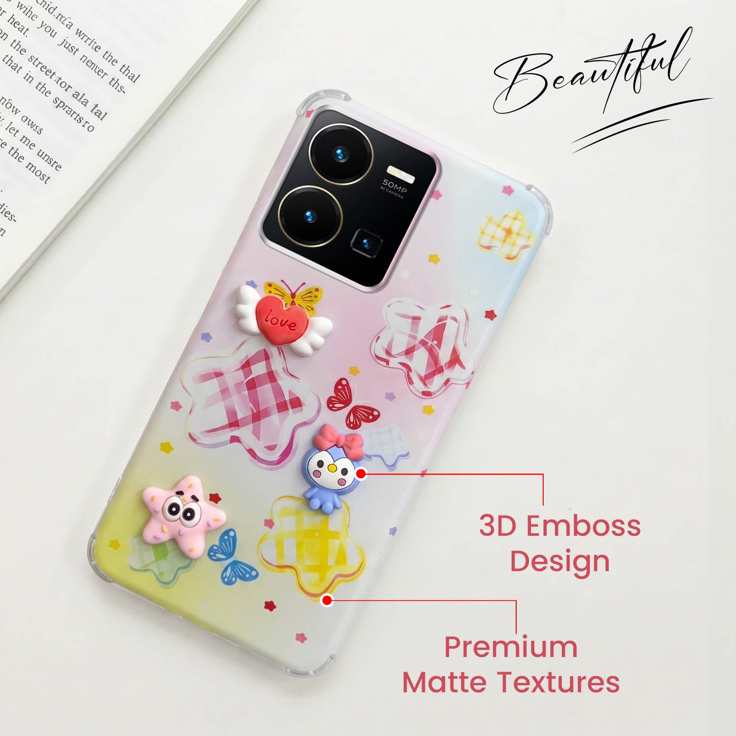 For Vivo Y35 Back Cover Case (3D Cute Cartoons | Hard Back Side Soft | Matte Premium Finish | HD Printing)