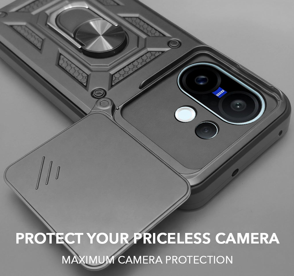 For Vivo X200 FE Back Cover Case (Sliding Shutter Camera Protection | Polycarbonate |Ring Holder Kickstand)