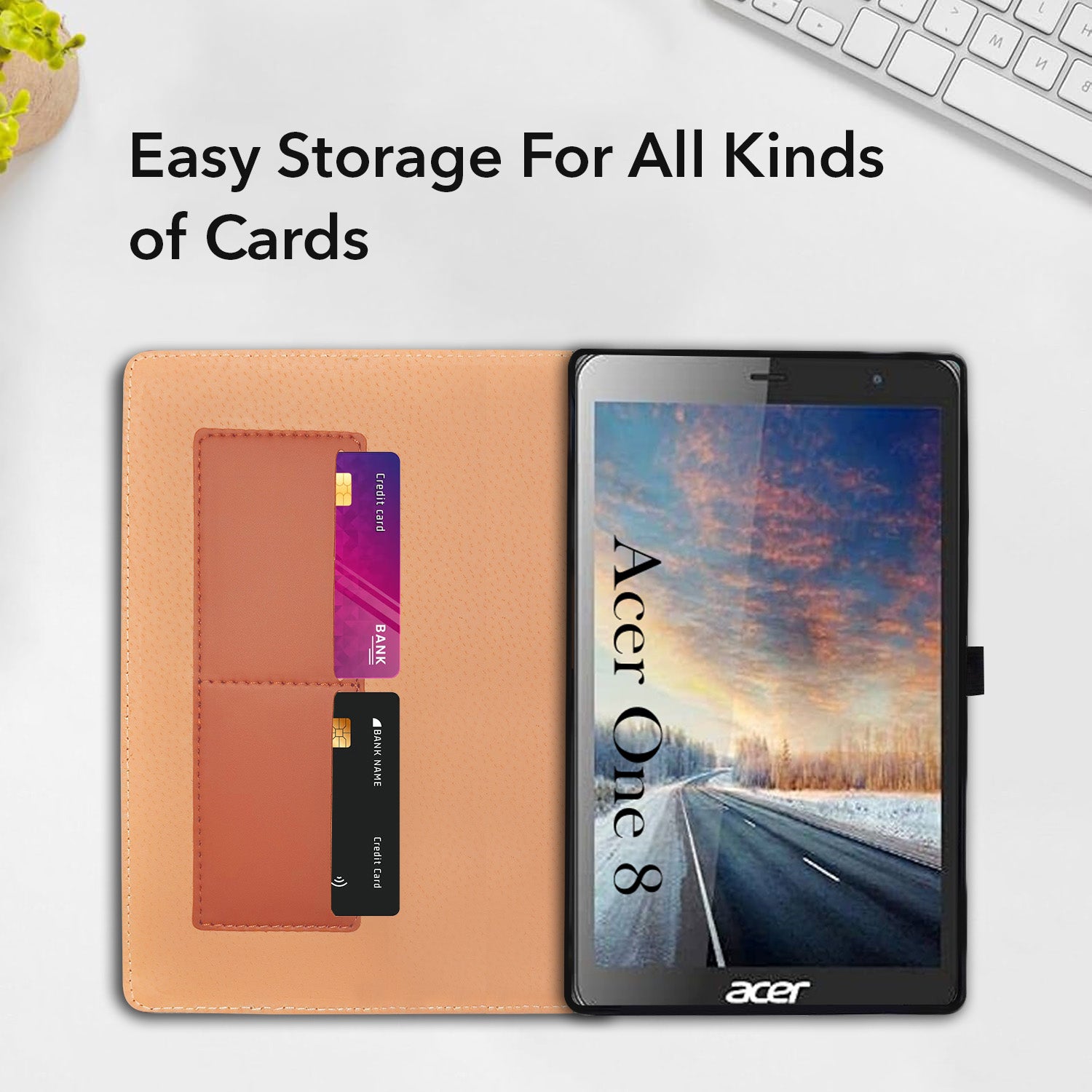 For Acer One 8 8 Inch Flip Cover Folio Cover (PU Matte Leather | Multi-Angle Smart Stand | Card Storage Slots | Silicone Back Pouch)