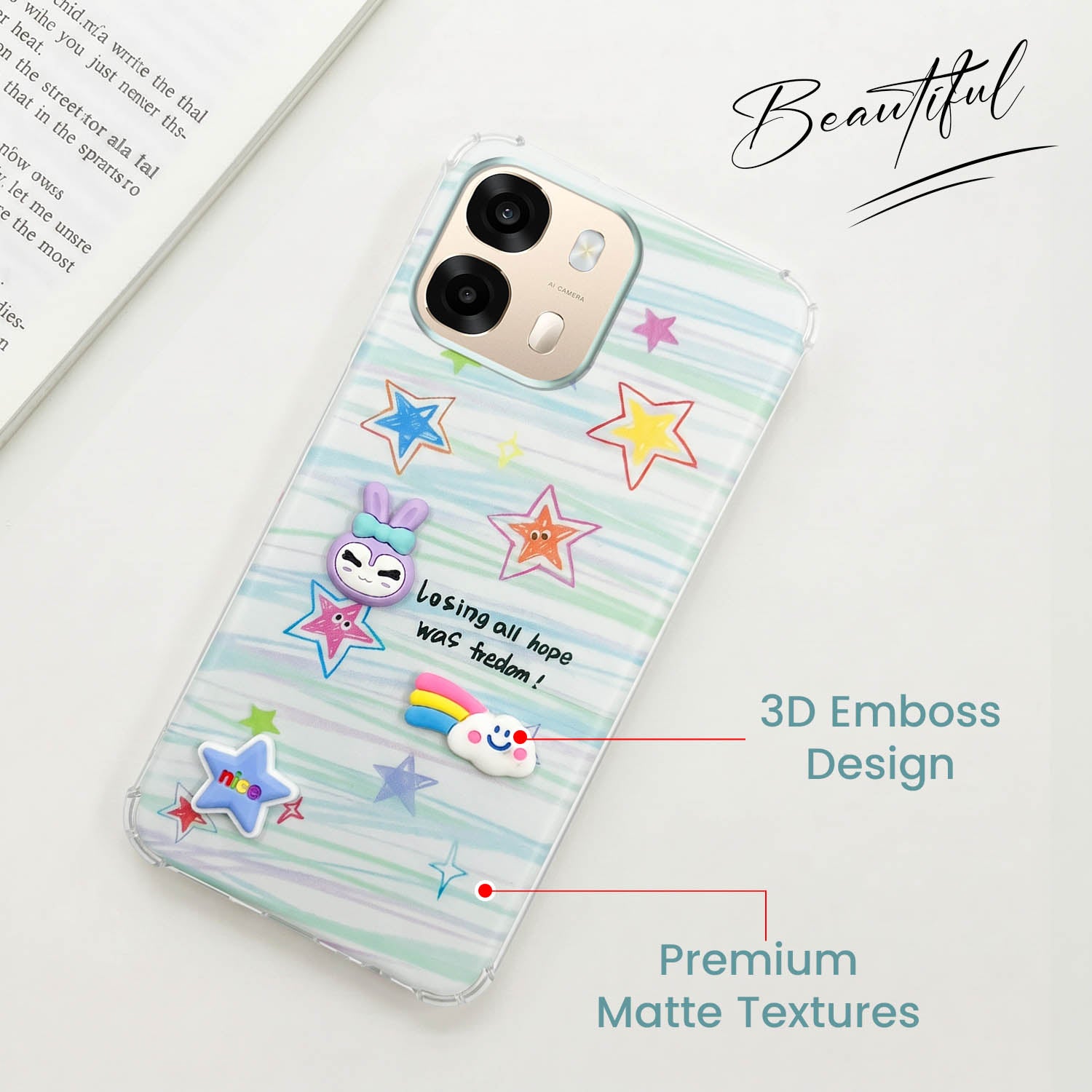 For Oppo A6 Pro Back Cover Case (3D Cute Cartoons | Hard Back Side Soft | Matte Premium Finish | HD Printing)