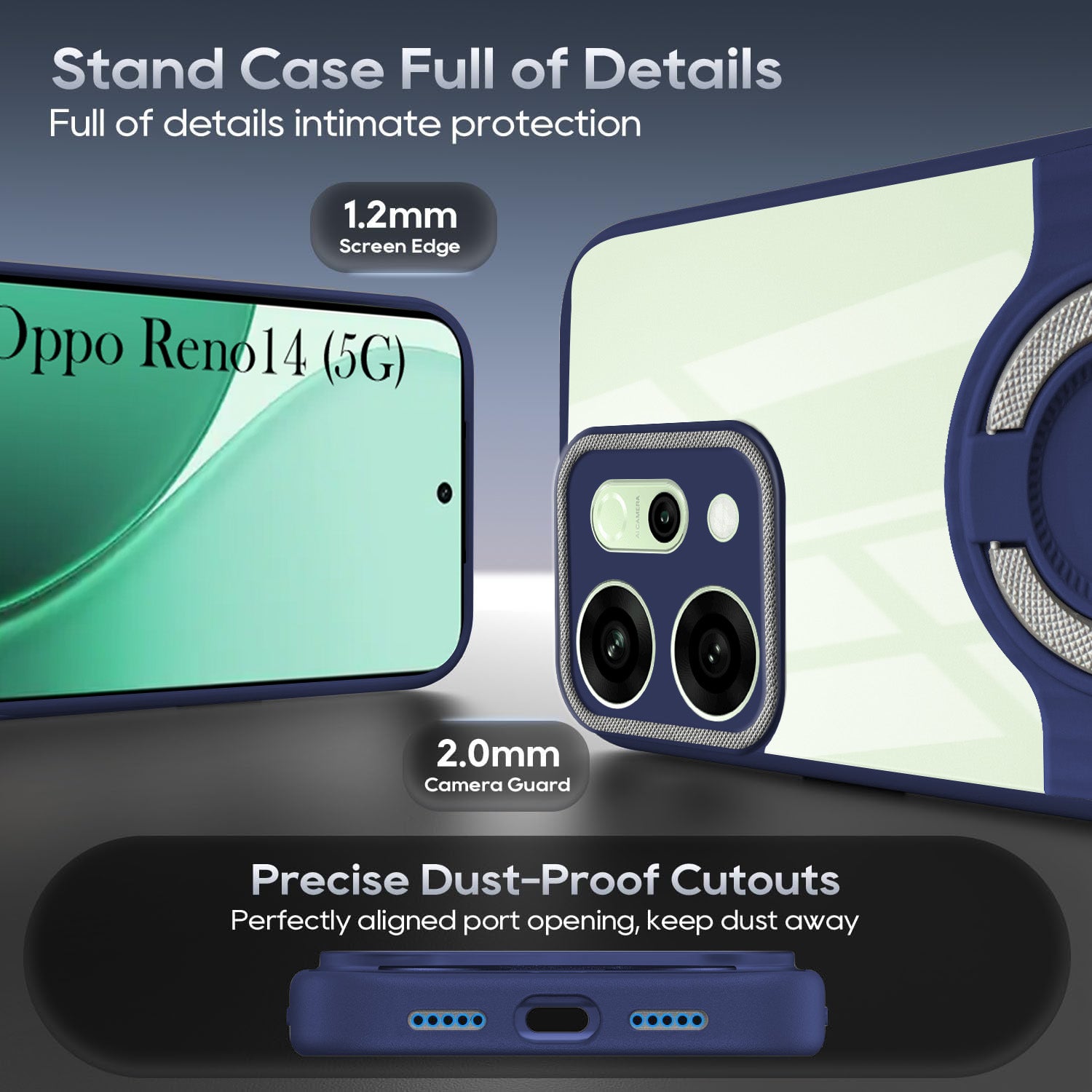 For Oppo Reno14 5G | Oppo Reno 14 5G Back Cover Case with stand (Built-in Ring Holder Kickstand | Lifetime Anti Yellow | Camera Protection)