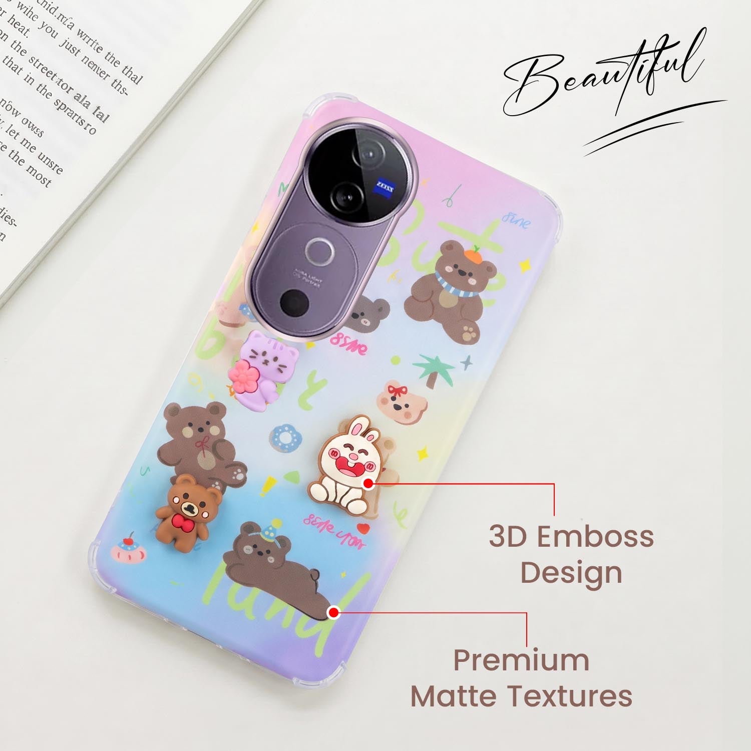 For Vivo V40 | Vivo V40 Pro 5G Back Cover Case (3D Cute Cartoons | Hard Back Side Soft | Matte Premium Finish | HD Printing)