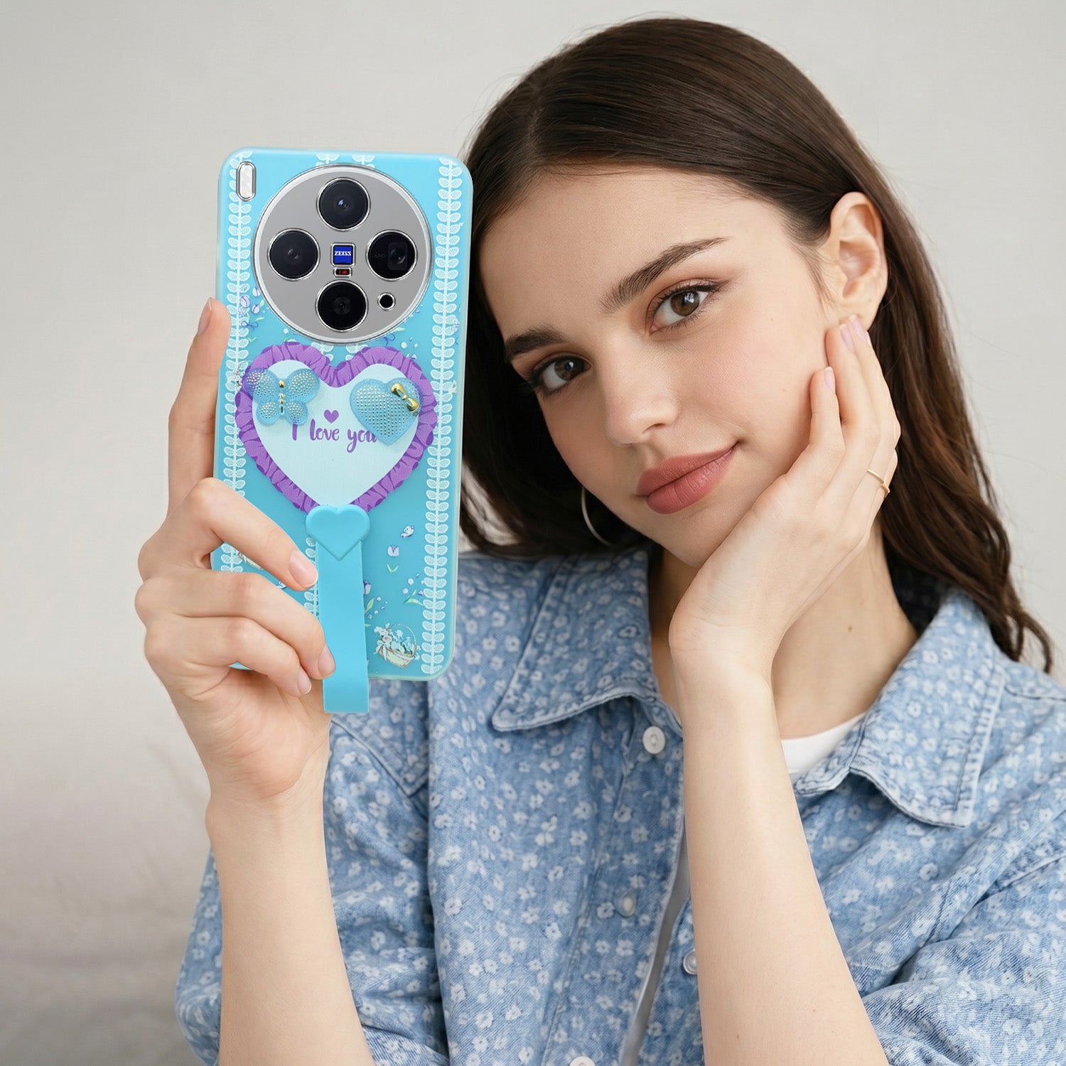 For Vivo X300 5G Back Cover Case (3D Cute Heart Strap Holder | Camera Protection | Designer Girls Print)