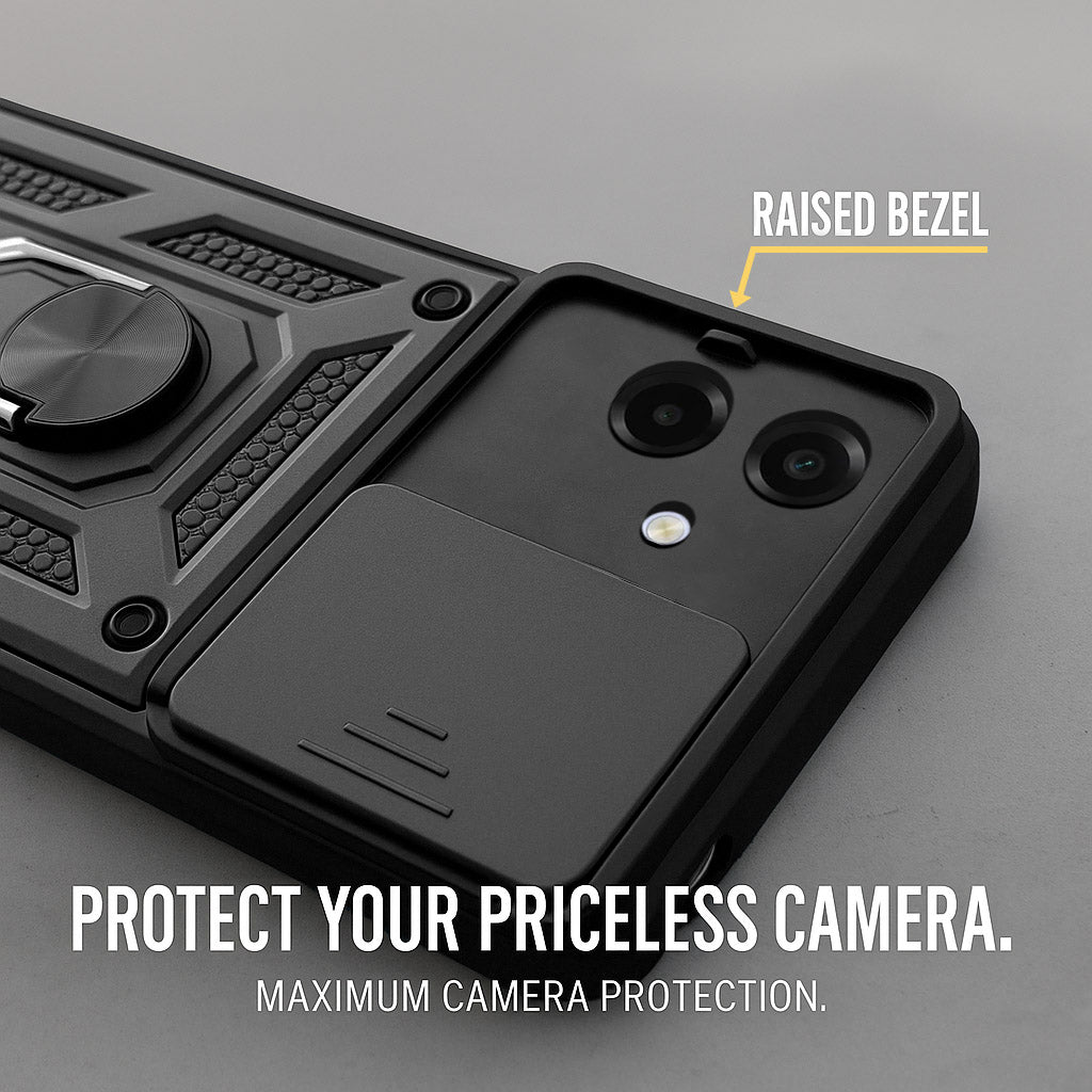 For Samsung Galaxy A07 4G Back Cover Case Hybrid Armor (Sliding Shutter Camera Protection | Polycarbonate |Ring Holder Kickstand)