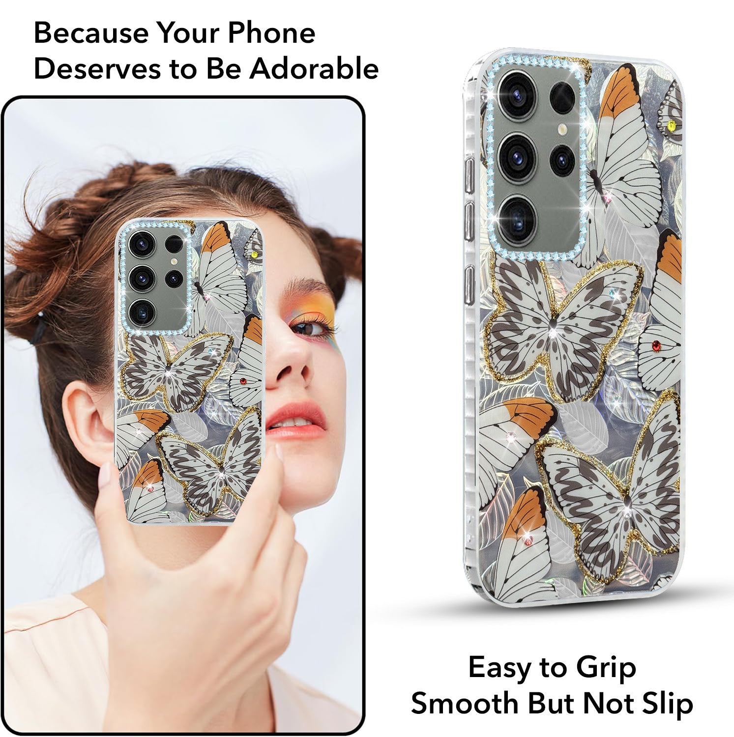 For Samsung Galaxy S23 Ultra Back Cover Case (Luxury Floral Glitter Cute Butterfly | Diamond Studded Camera Bump | Girls & Women Design)