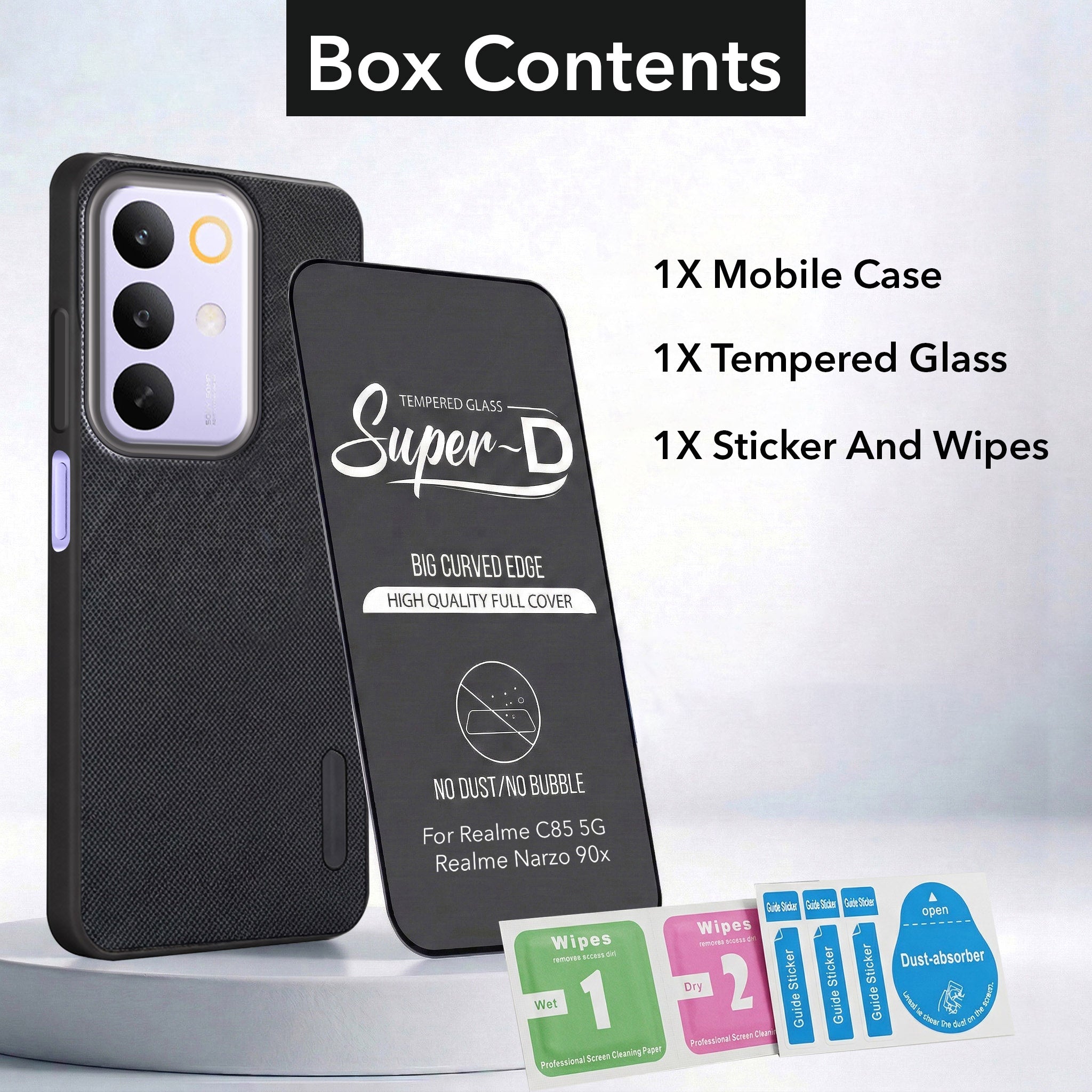For Realme C85 5G | Realme Narzo 90x Combo with Back Cover and 9H Tempered Glass (Textured Grip Design | Micro-Fiber Cloth Inside | Oleophobic Coating Screen Glass)