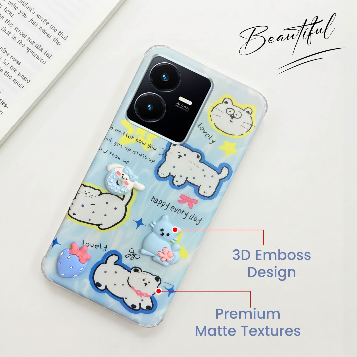 For Vivo Y22 | Vivo Y22s Back Cover Case (3D Cute Cartoons | Hard Back Side Soft | Matte Premium Finish | HD Printing)