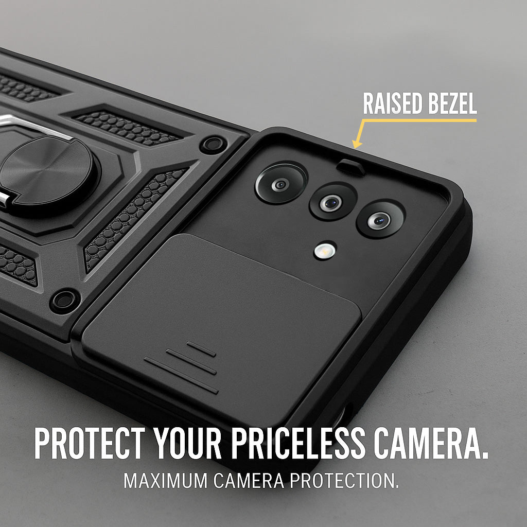 For Samsung Galaxy M36 | Samsung Galaxy F36 Back Cover Case Hybrid Armor (Sliding Shutter Camera Protection | Polycarbonate |Ring Holder Kickstand)