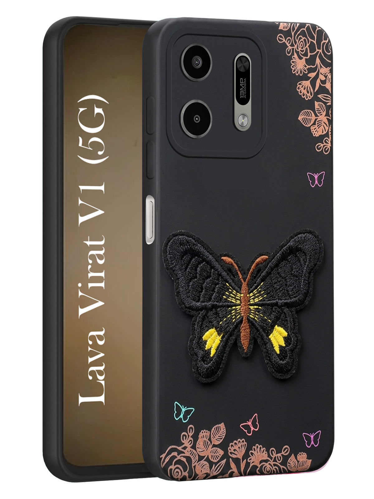 For Lava Virat V1 5G Back Cover Case (Soft Butterfly Embroidery | Women Teen Girls | Camera Protection| Matte Silicone)