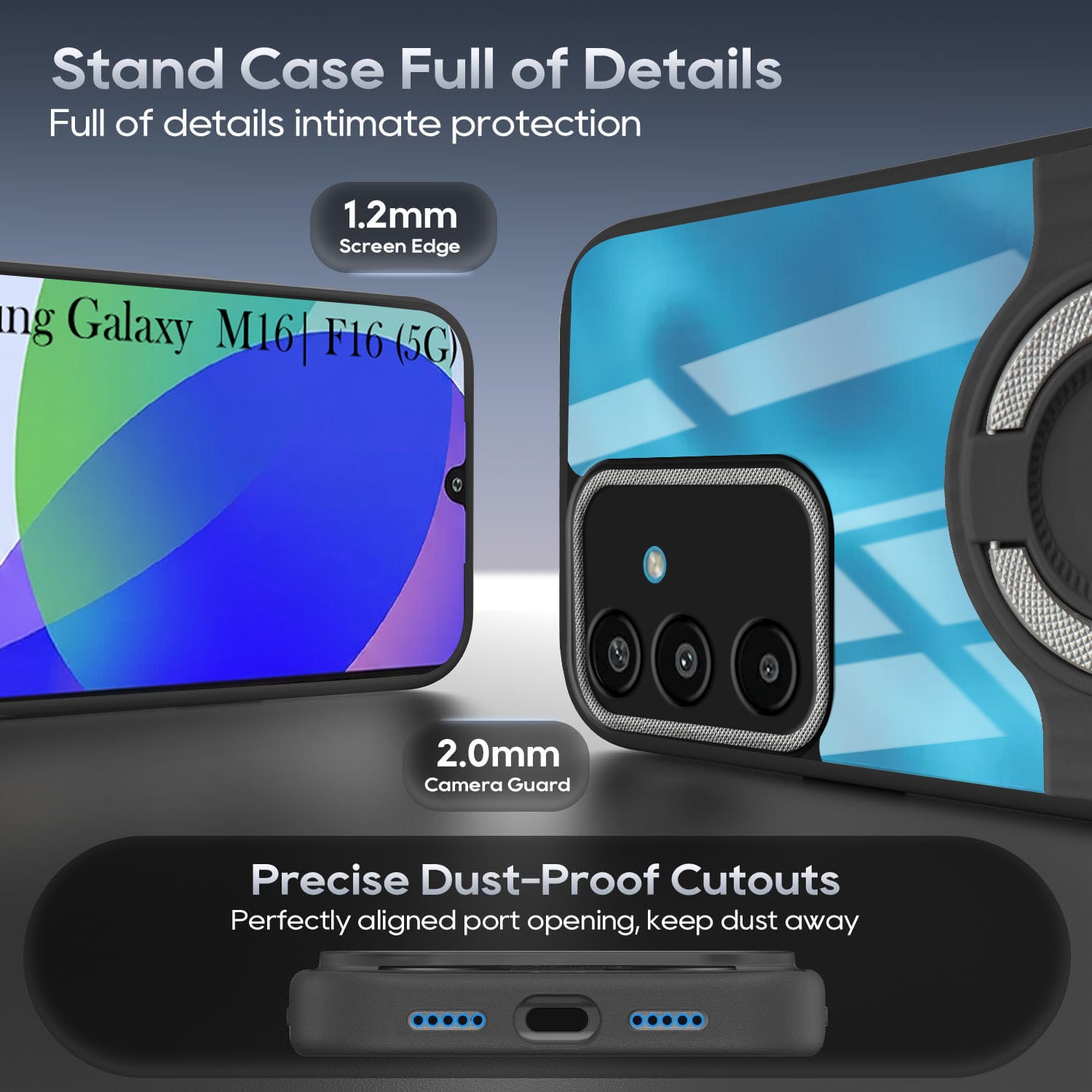 For Samsung Galaxy M16 5G | Samsung Galaxy F16 5G Back Cover Case with stand (Built-in Ring Holder Kickstand | Lifetime Anti Yellow | Camera Protection)