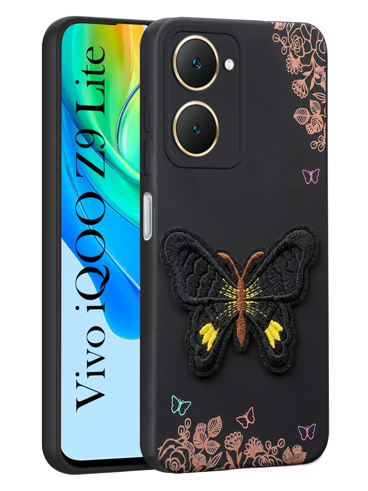 For Vivo iQOO Z9 Lite Back Cover Case (Soft Butterfly Embroidery | Women Teen Girls | Camera Protection| Matte Silicone)