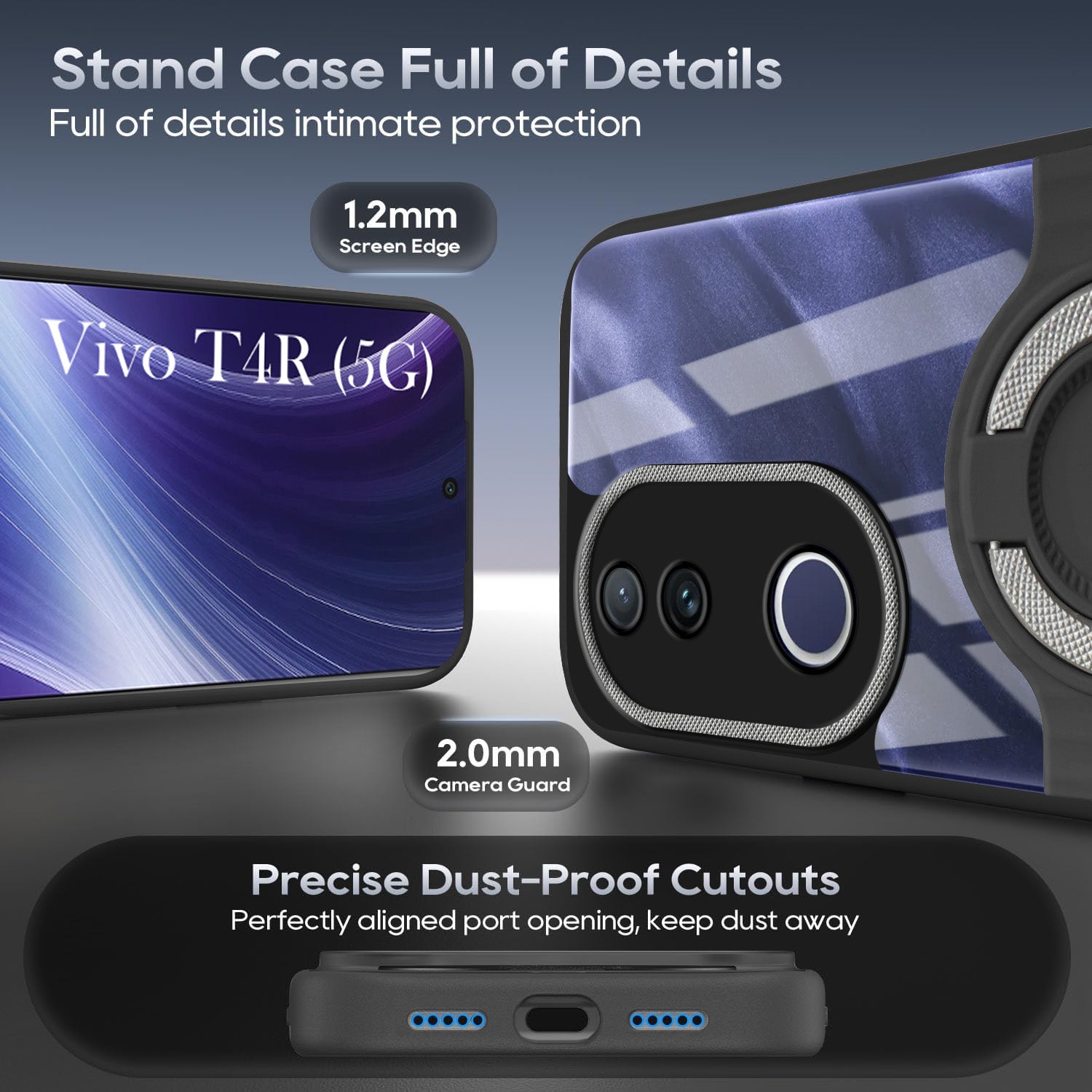 For Vivo T4R Back Cover Case with stand (Built-in Ring Holder Kickstand | Lifetime Anti Yellow | Camera Protection)