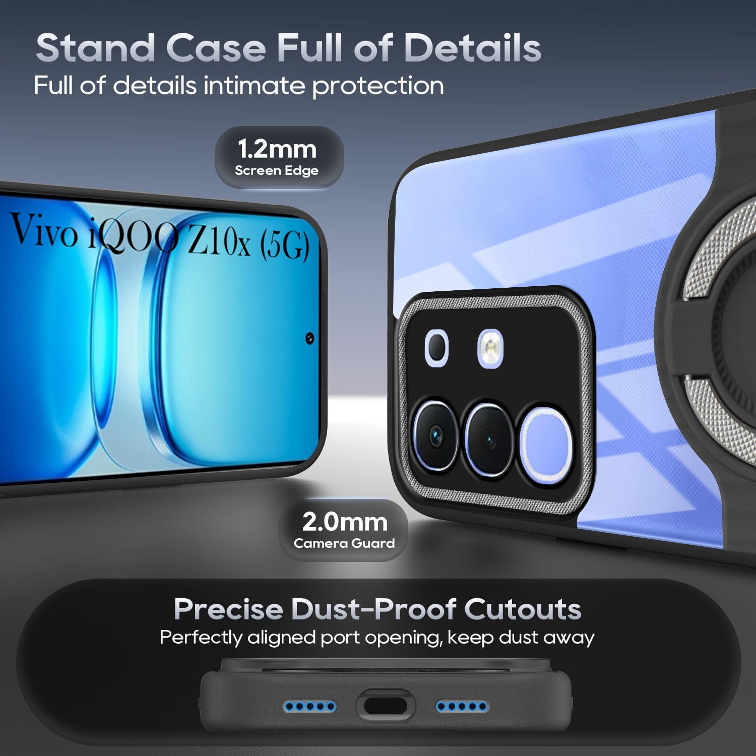 For Vivo iQOO Z10x Back Cover Case with stand (Built-in Ring Holder Kickstand | Lifetime Anti Yellow | Camera Protection)