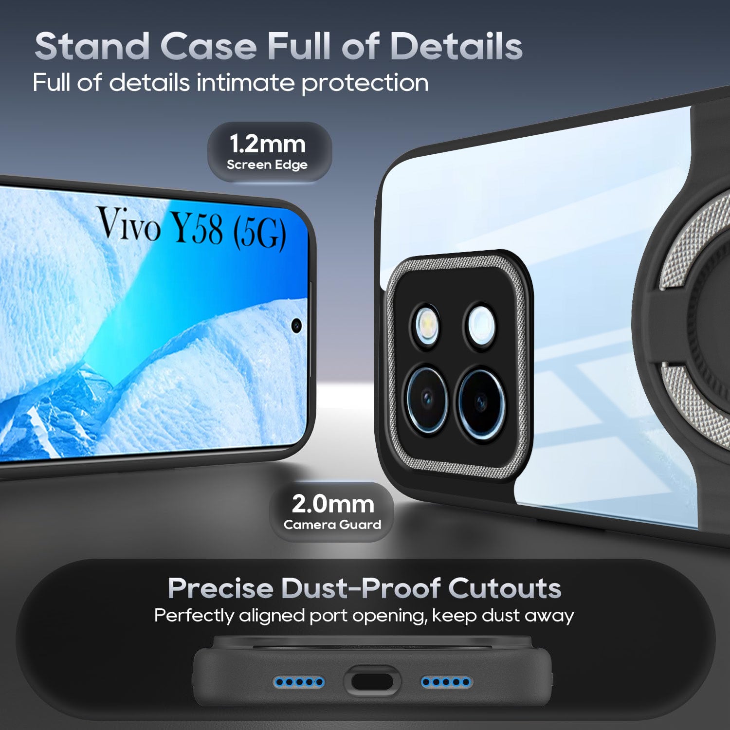 For Vivo Y58 5G Back Cover Case with stand (Built-in Ring Holder Kickstand | Lifetime Anti Yellow | Camera Protection)