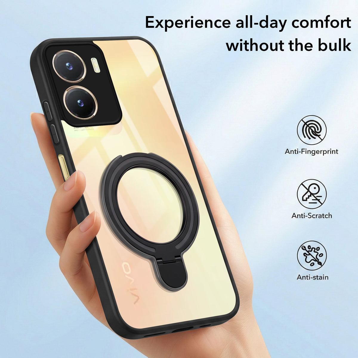 For Vivo T2x Back Cover Case (Kick Stand Ring Holder | Life time Anti Yellow | Camera Protection)