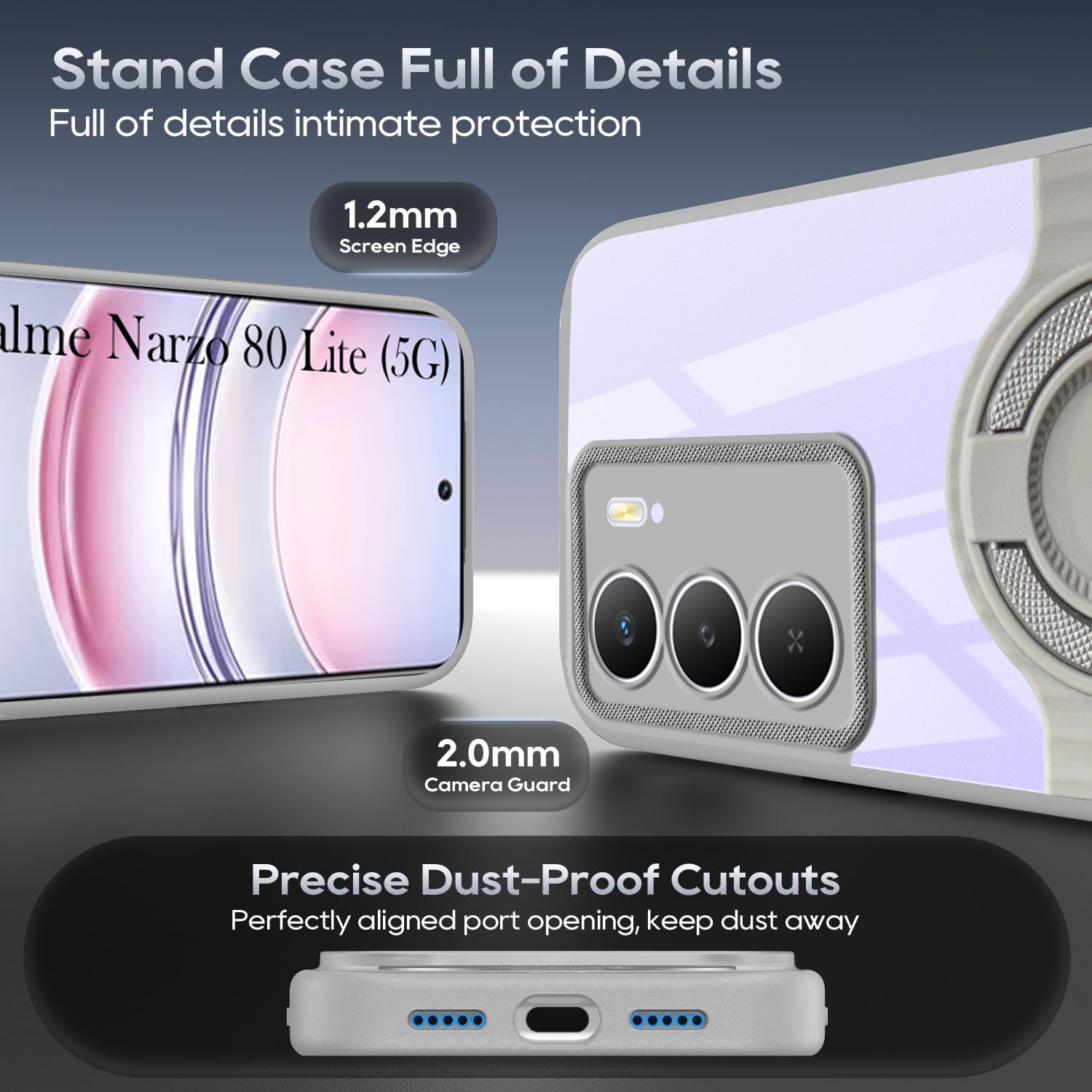For Realme Narzo 80 Lite 5G Back Cover Case with stand (Built-in Ring Holder Kickstand | Lifetime Anti Yellow | Camera Protection)
