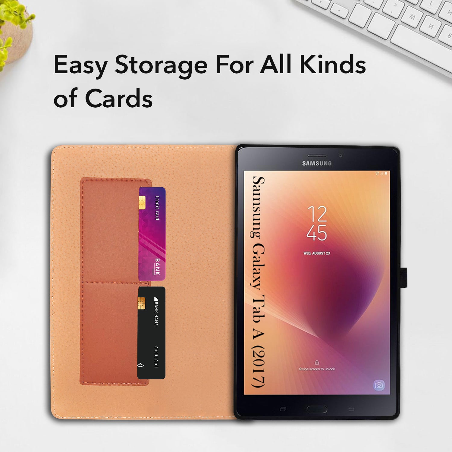 For Samsung Galaxy Tab A T380|T385 8 Inch Flip Cover Folio Cover (PU Matte Leather | Multi-Angle Smart Stand | Card Storage Slots | Silicone Back Pouch)