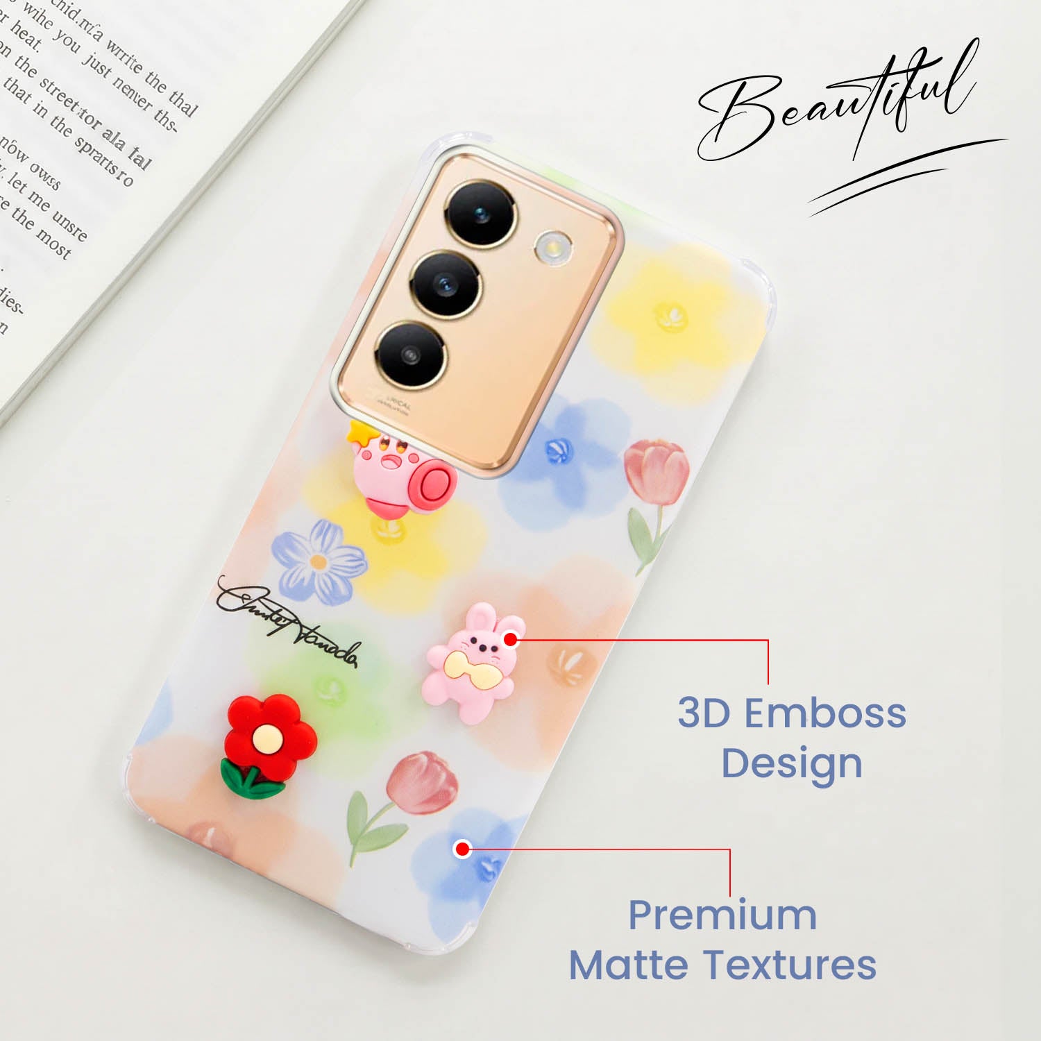 For Vivo Y200e Back Cover Case (3D Cute Cartoons | Hard Back Side Soft | Matte Premium Finish | HD Printing)