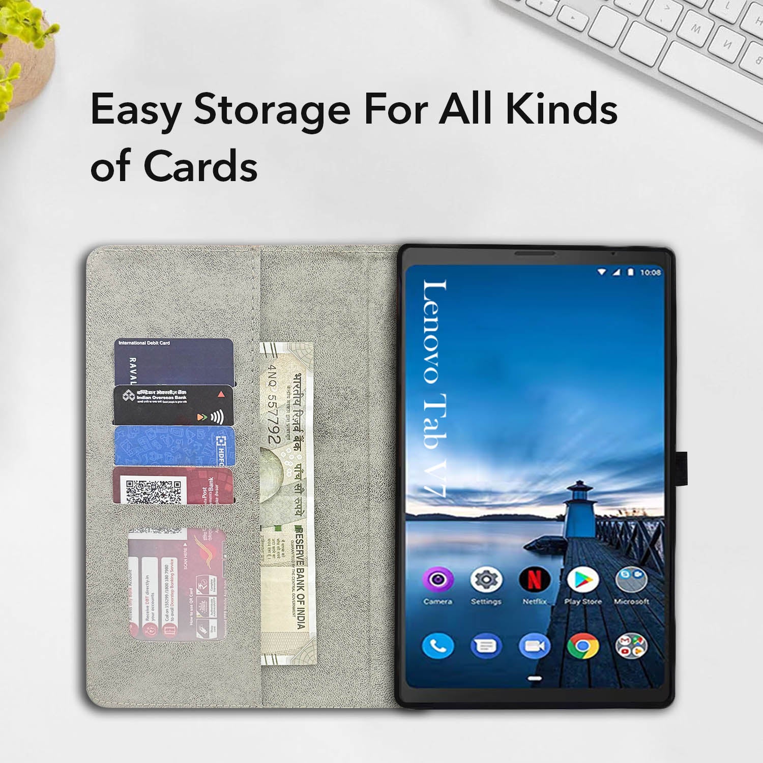 For Flip Cover Folio Case Lenovo Tab V7 (PB-6505M, PB-6505MC) 8 Inch (PU Leather | Multi-Angle Smart Stand | Card Storage Slots | Silicone Back Pouch)