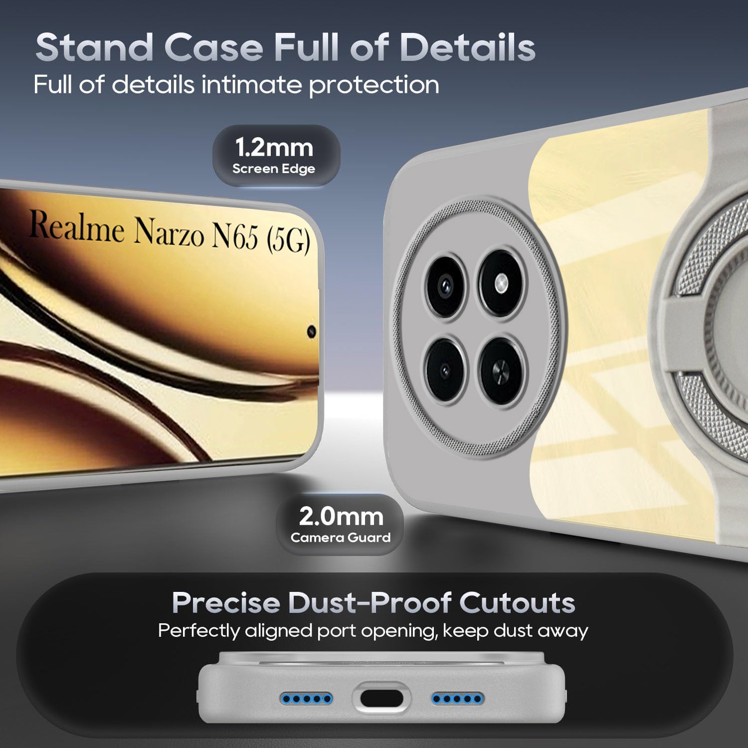 For Realme Narzo N65 5G Back Cover Case with stand (Built-in Ring Holder Kickstand | Lifetime Anti Yellow | Camera Protection)