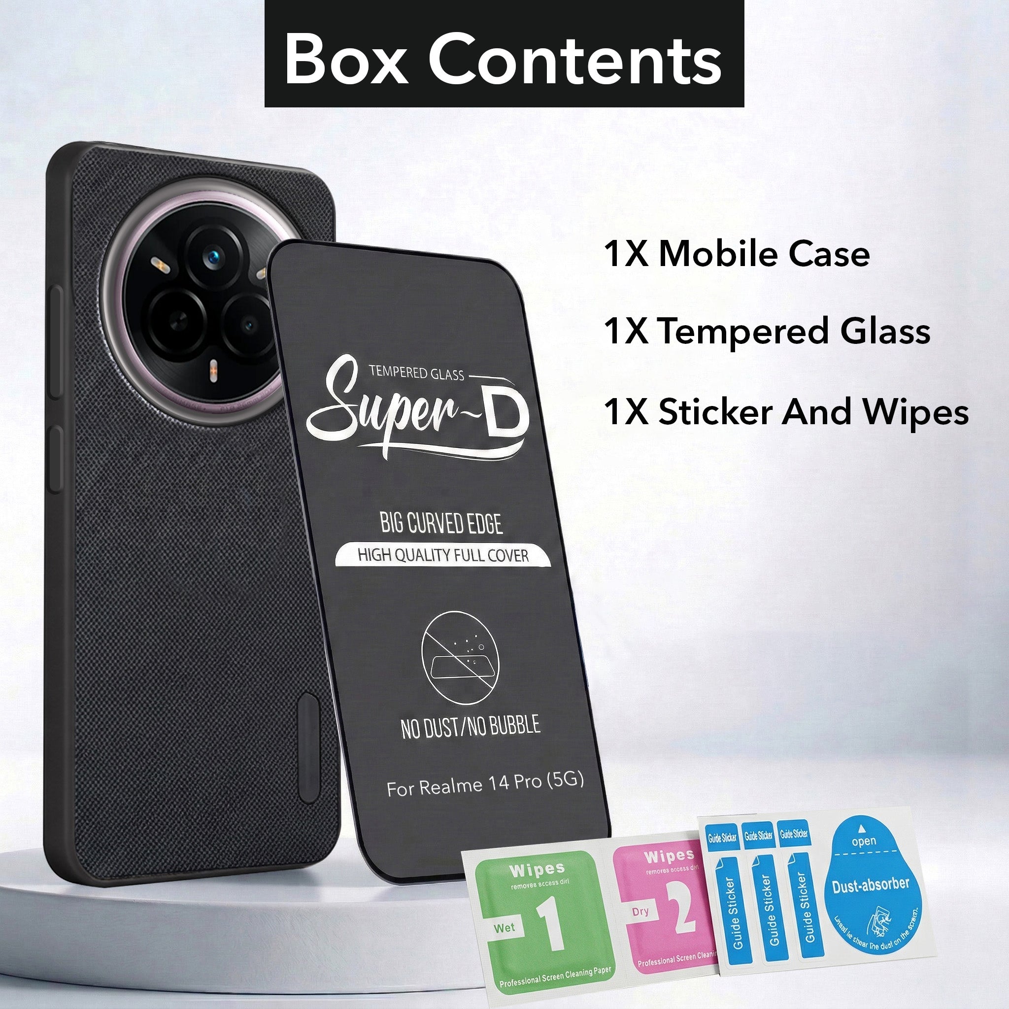 For Realme 14 Pro Combo with Back Cover and 9H Tempered Glass (Textured Grip Design | Micro-Fiber Cloth Inside | Oleophobic Coating Screen Glass)