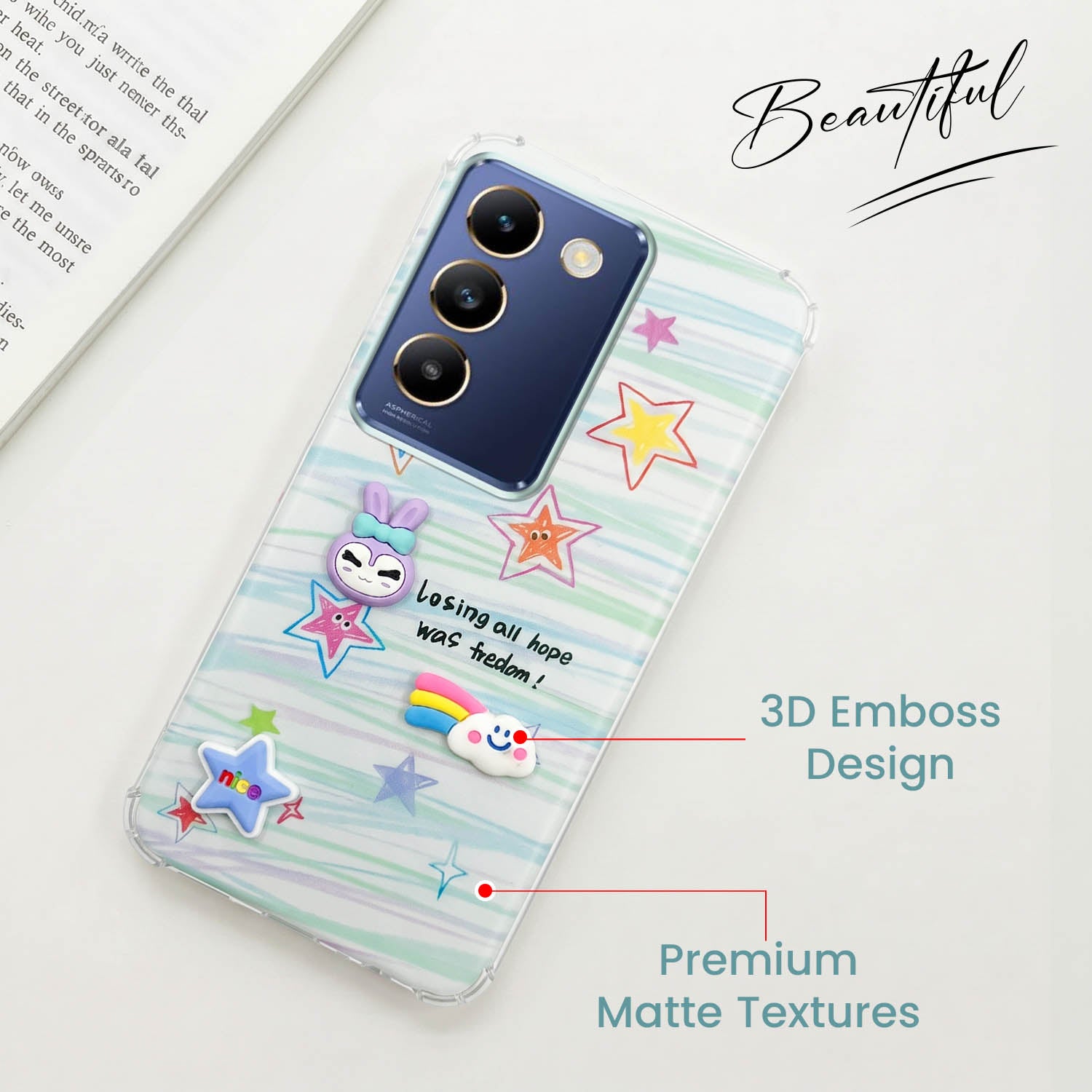 For Vivo T3 5G Back Cover Case (3D Cute Cartoons | Hard Back Side Soft | Matte Premium Finish | HD Printing)